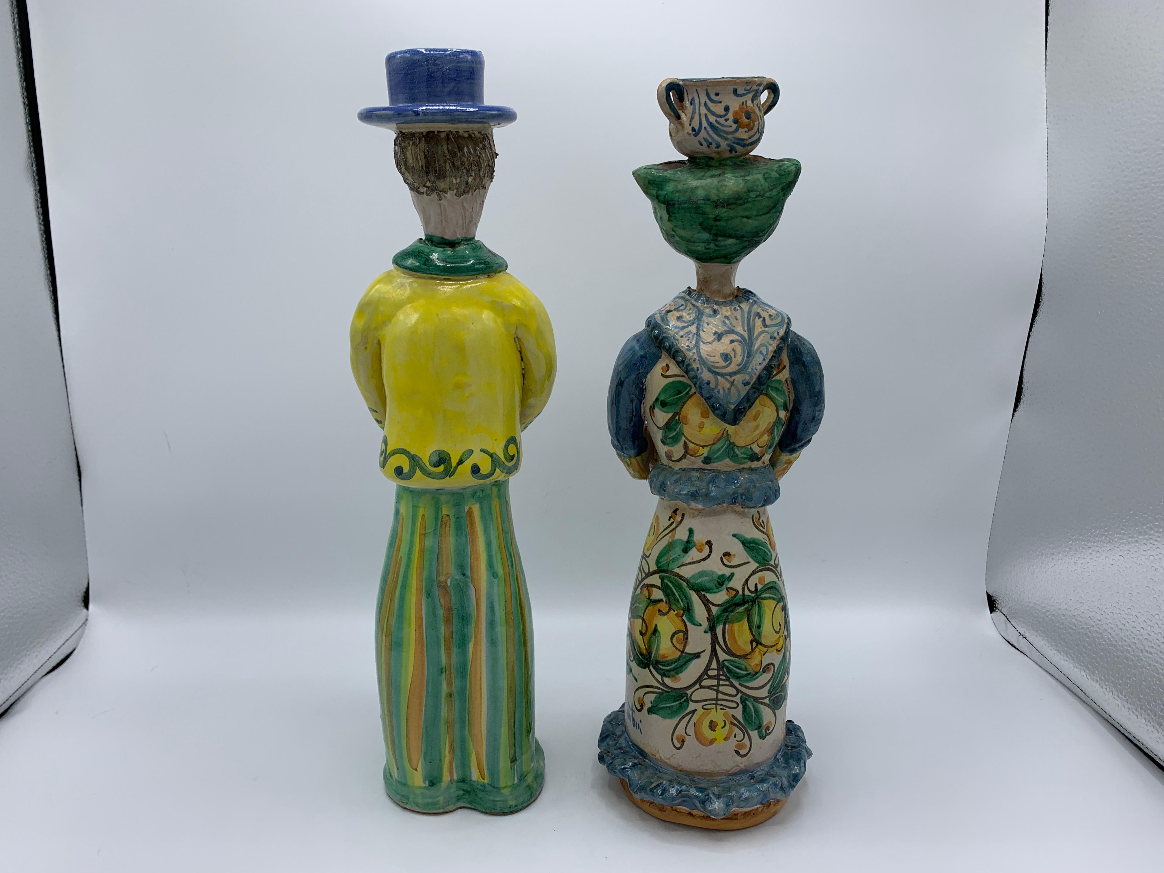 Hand-Crafted 1960s Italian Polychrome Terracotta Figural Sculpture Candlesticks, Pair