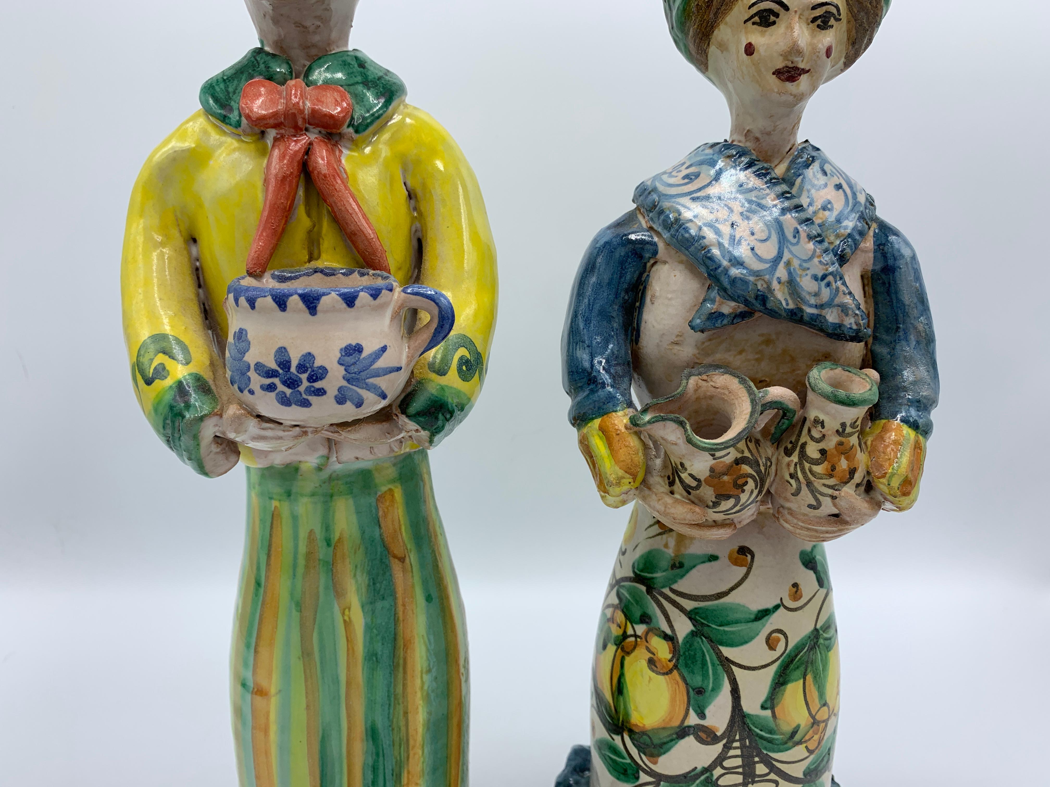 Pottery 1960s Italian Polychrome Terracotta Figural Sculpture Candlesticks, Pair