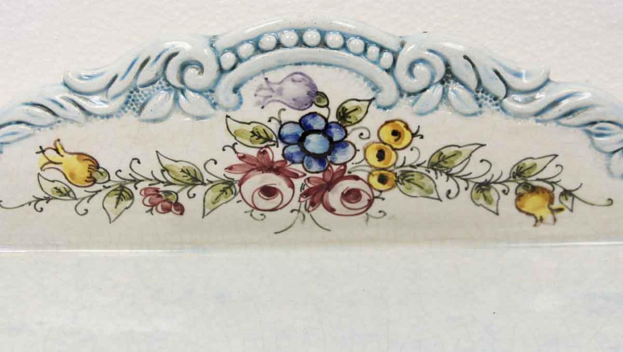 Mid-20th Century 1960s Italian Porcelain Wall Shelf with Floral Details and Crackled Glaze