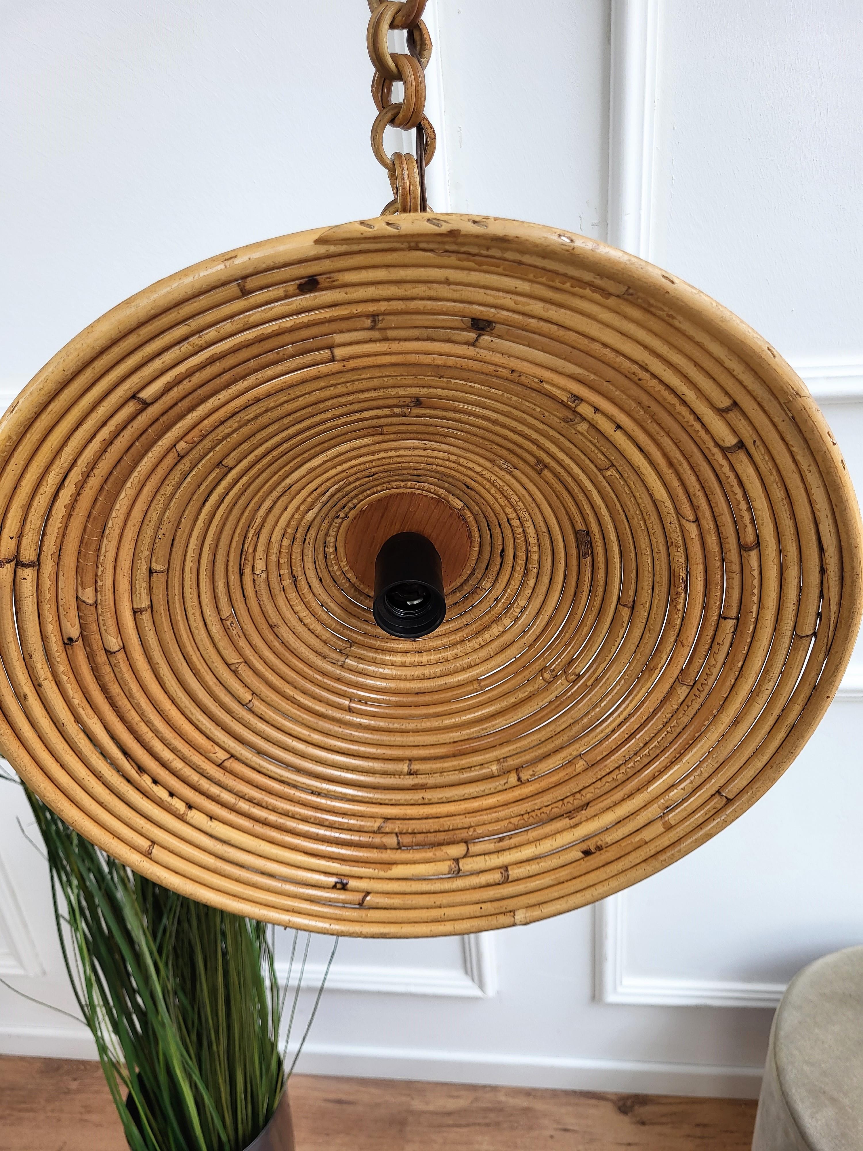 Bohemian 1960s Italian Rattan Bamboo Wicker Pendant Suspension Hanging Light For Sale