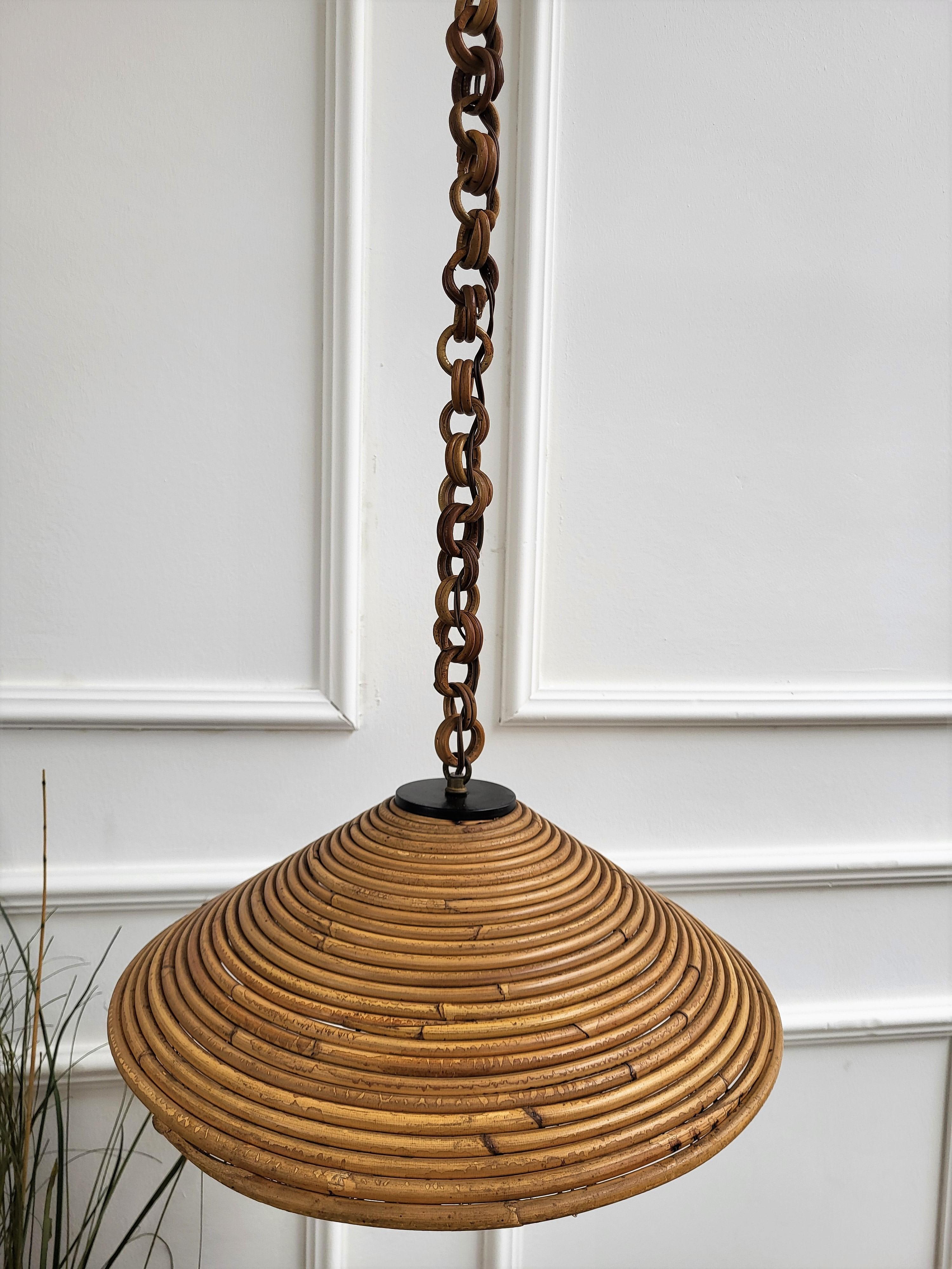 20th Century 1960s Italian Rattan Bamboo Wicker Pendant Suspension Hanging Light For Sale