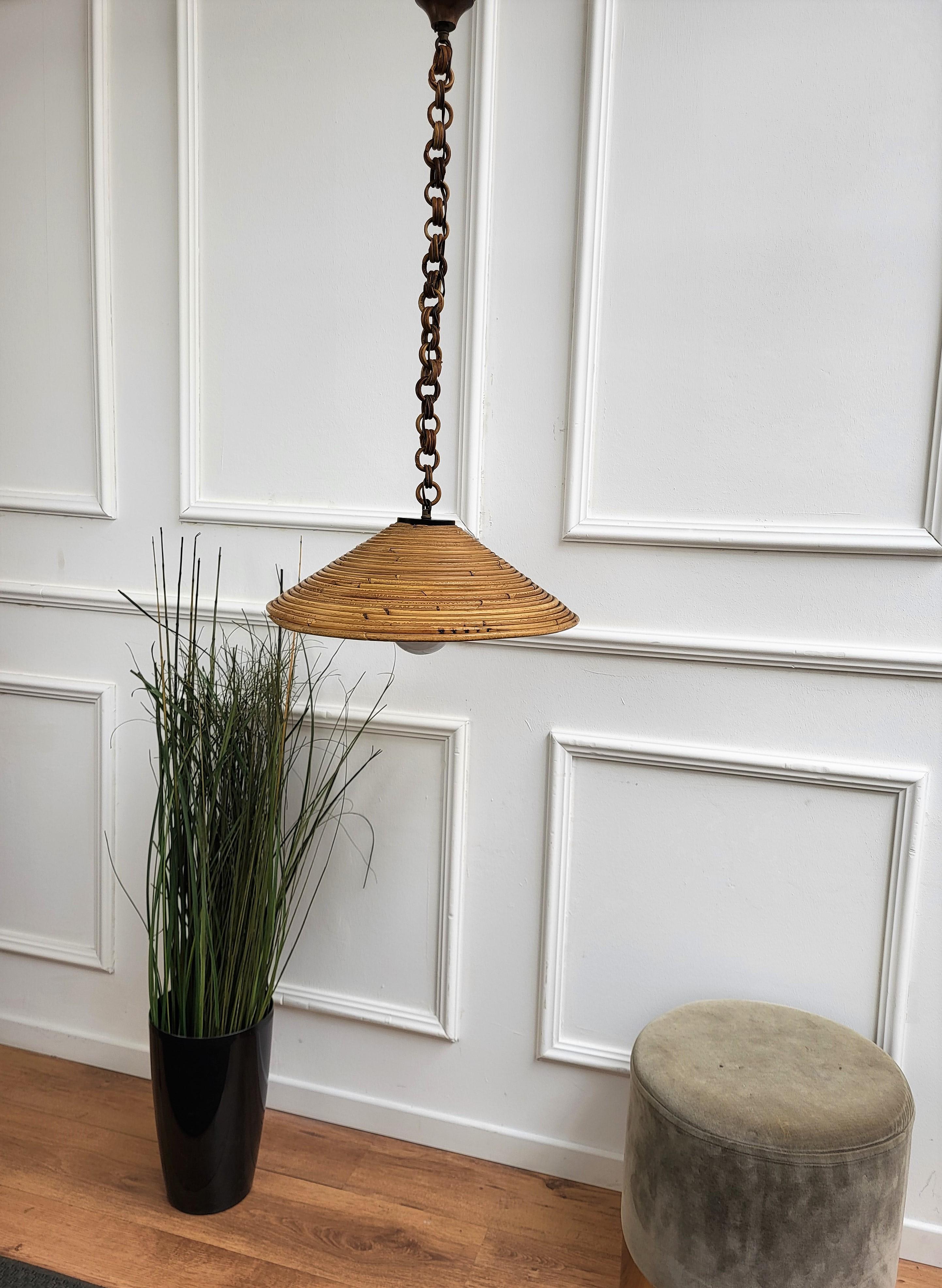 1960s Italian Rattan Bamboo Wicker Pendant Suspension Hanging Light For Sale 1