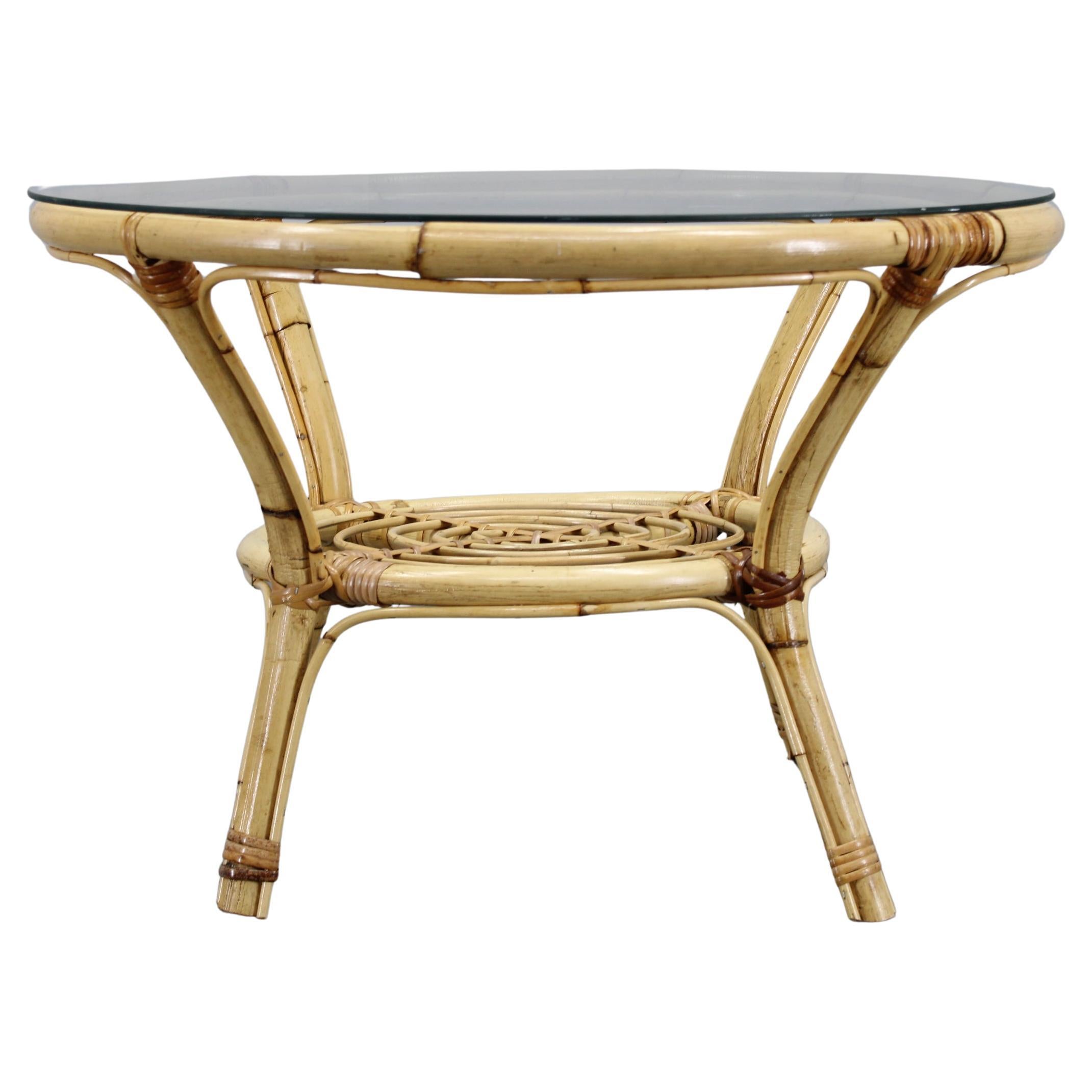 1960s Italian Rattan Round Table with Glass Top For Sale