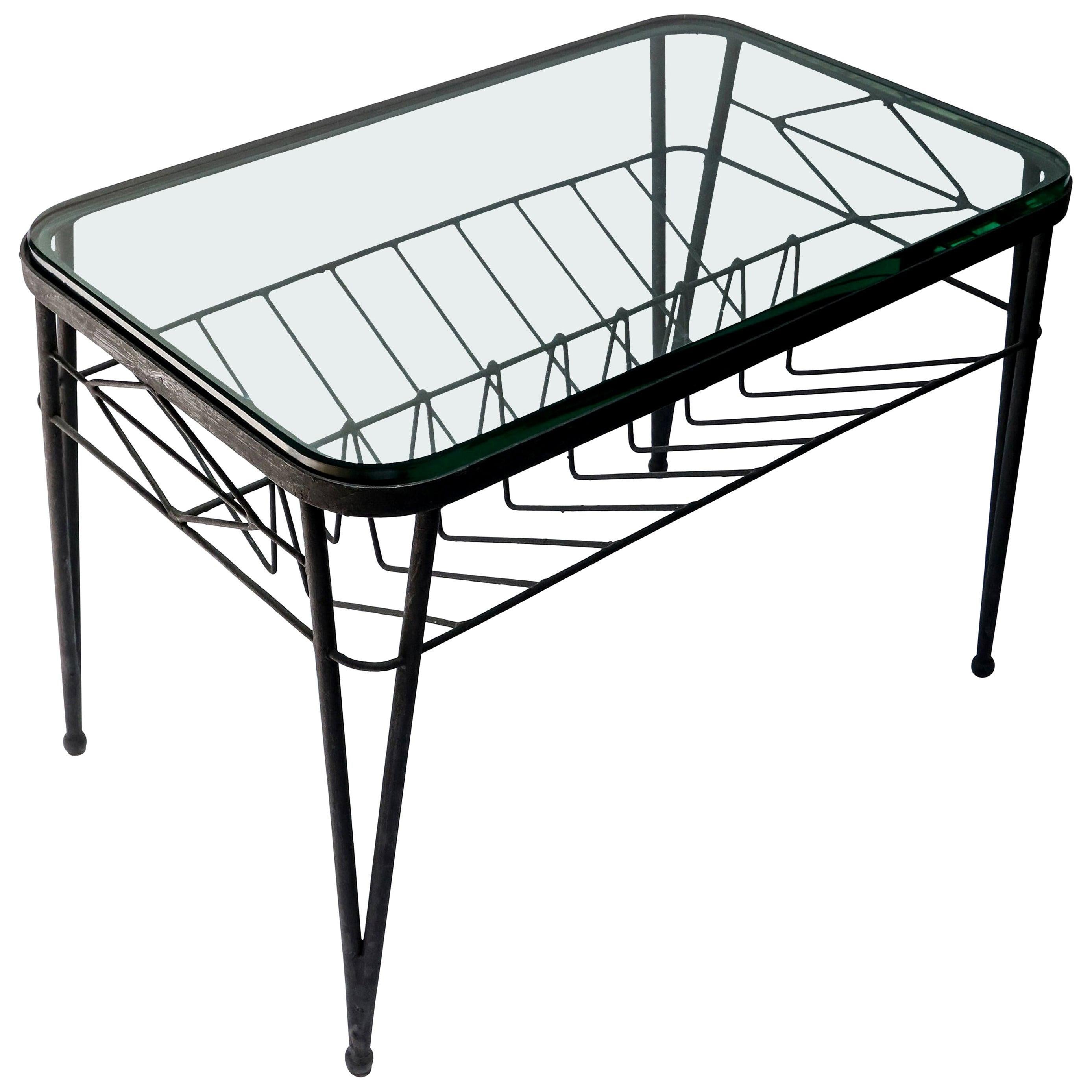 1960s Italian Rectangular Black Metal Side Table with Glass Top