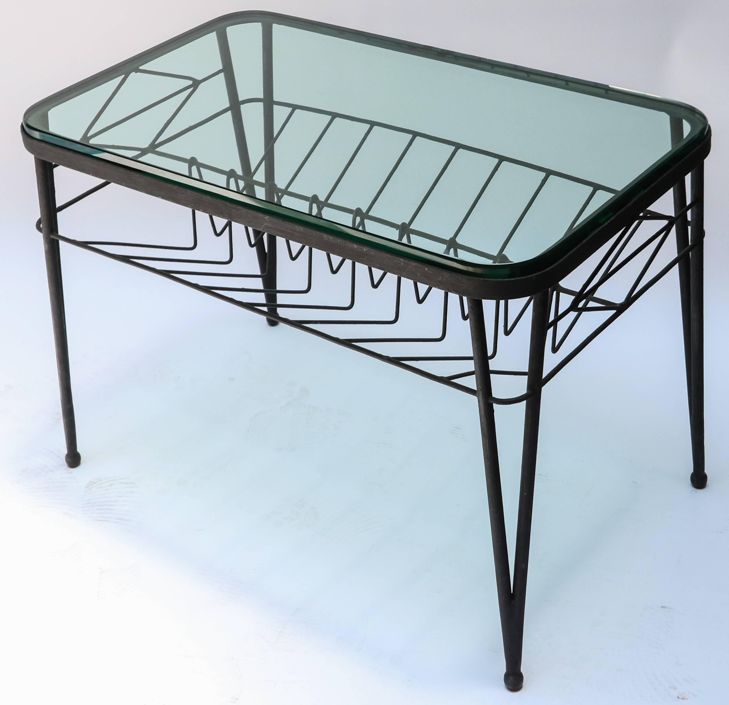 Mid-Century Modern 1960s Italian Rectangular Black Metal Side Table with Glass Top For Sale