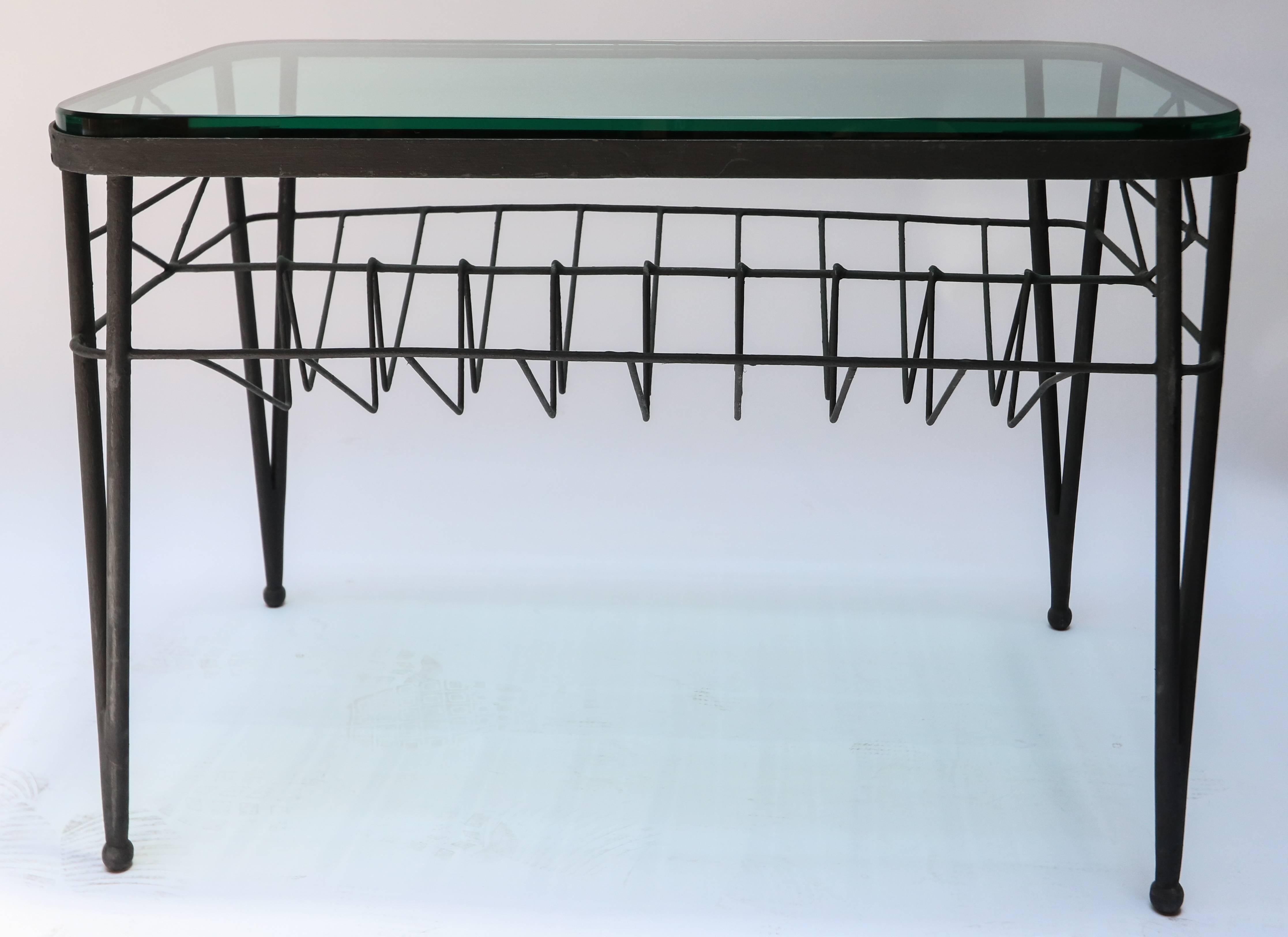 1960s Italian Rectangular Black Metal Side Table with Glass Top In Good Condition For Sale In Los Angeles, CA