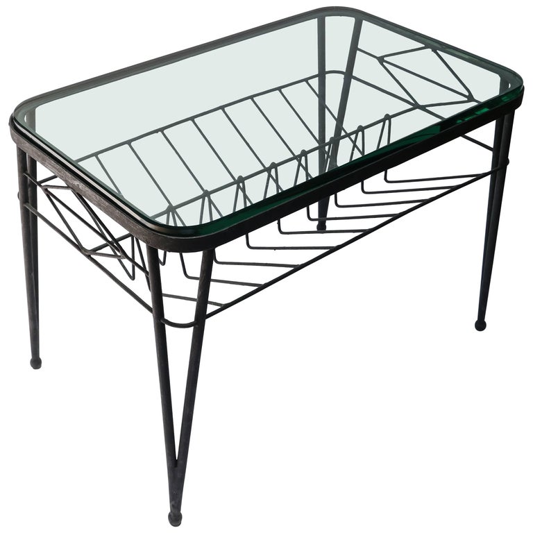 1960s Italian Rectangular Metal Side Table With Glass Top