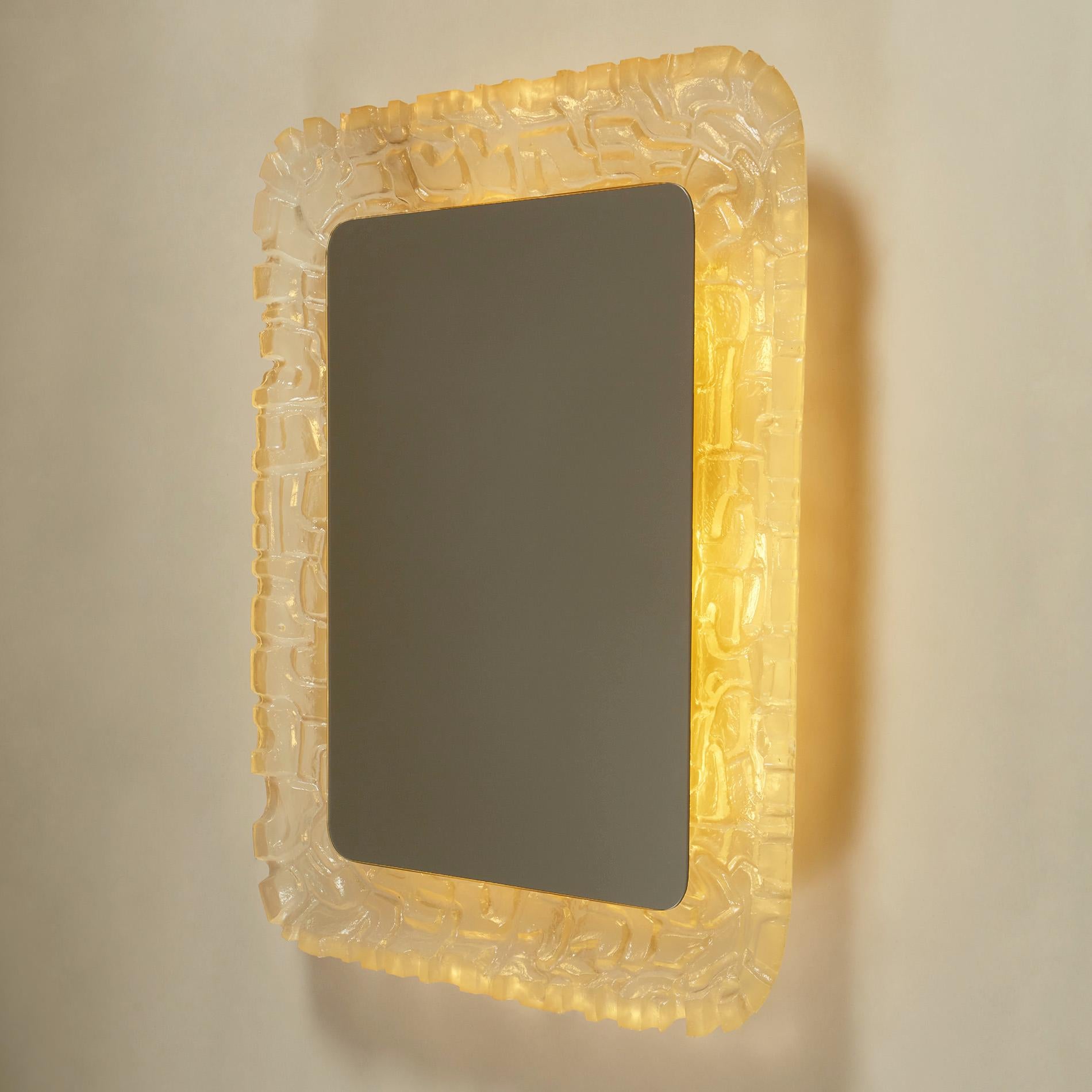 1960s Italian rectangular scultpured ice frosted Resin Back-Lit Mirror For Sale 3