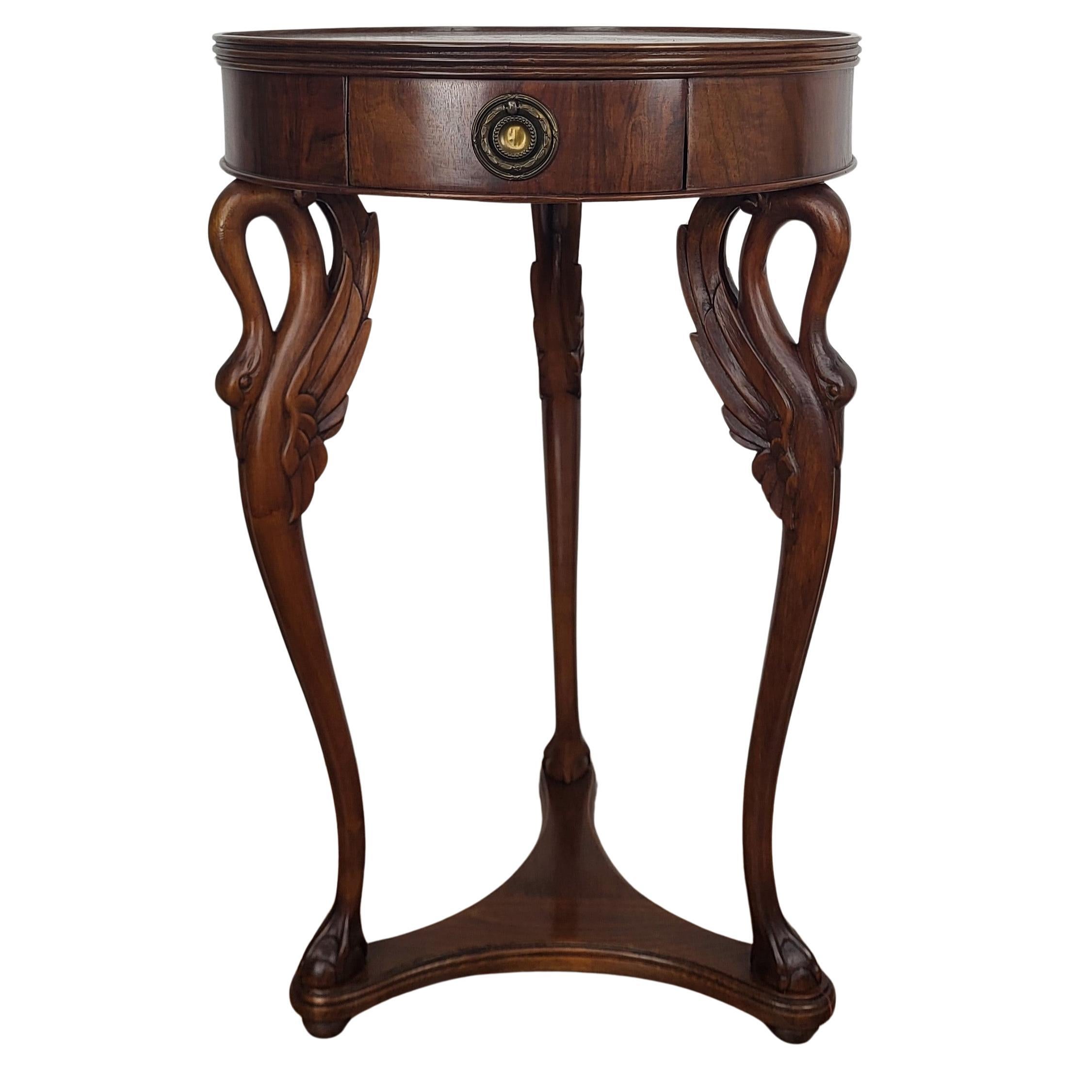 1960s Italian Regency Neoclassical Wooden Round Tripod Swan Gueridon Side Table For Sale