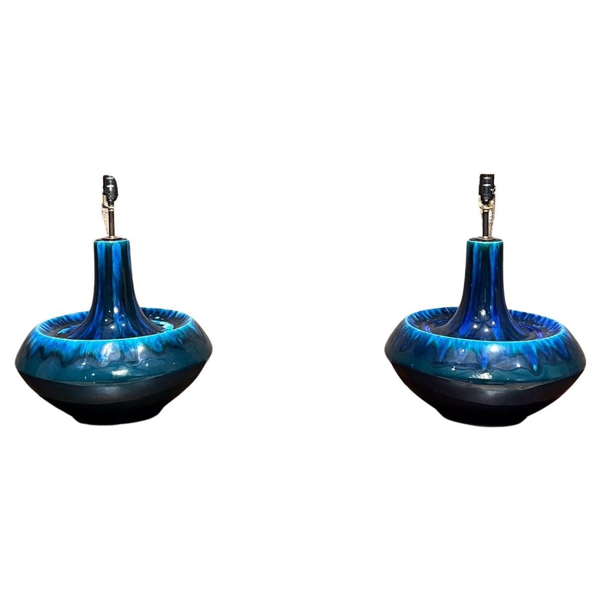 1960s Italian Rimini Blue Ceramic Table Lamps Style Aldo Londi Bitossi For Sale