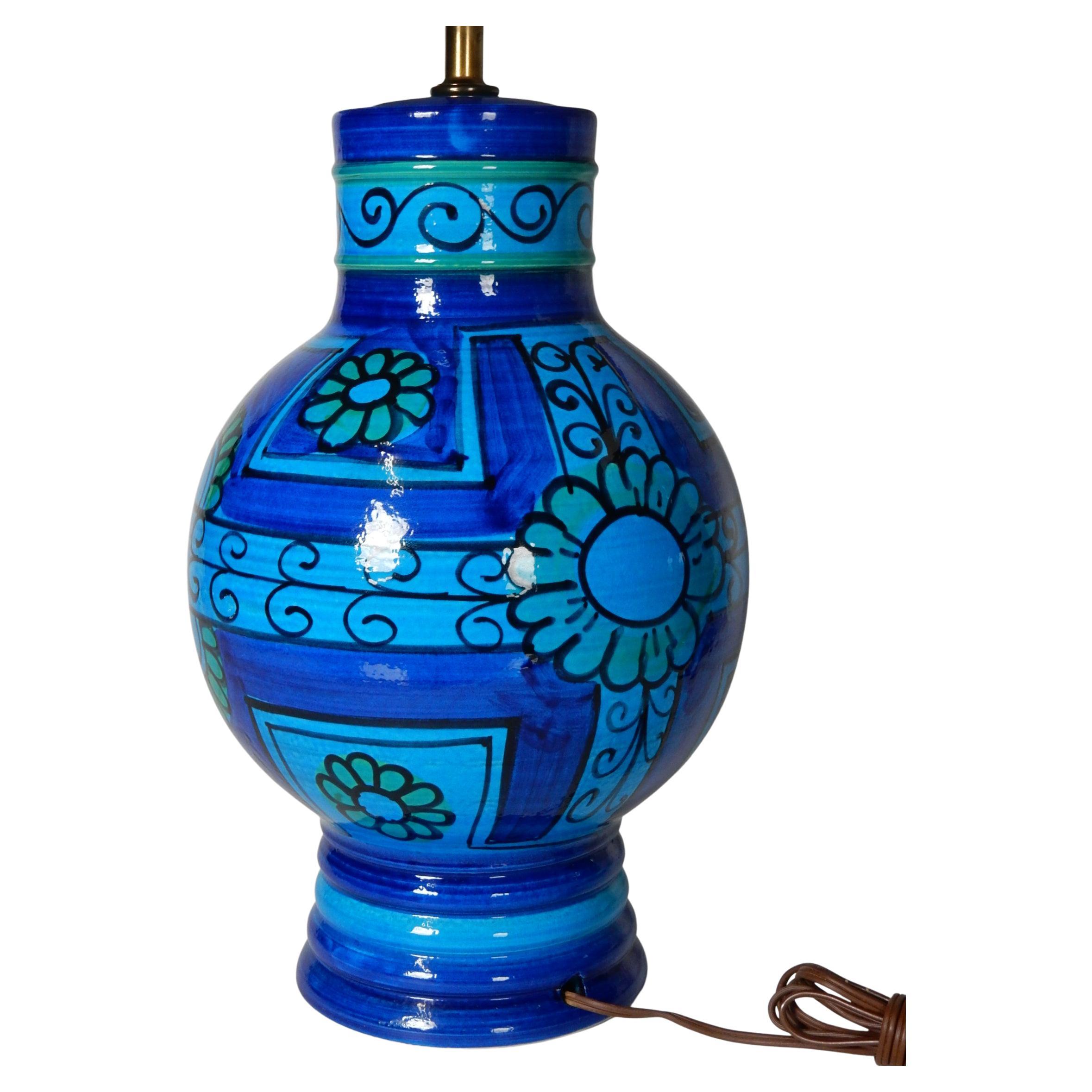 Mid-Century Modern 1960's Italian Rimini Blue Floral Glaze Table Lamps
