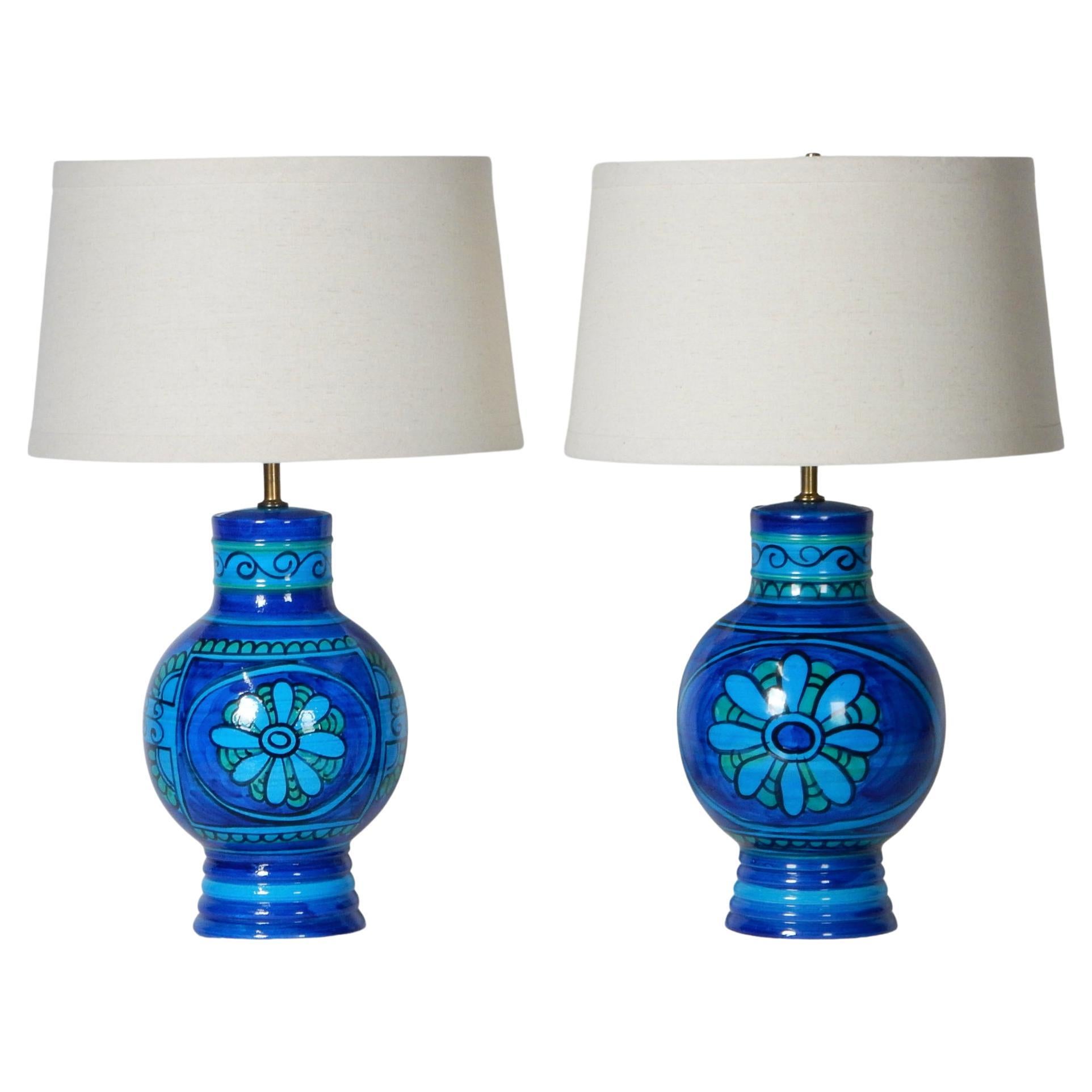 1960's Italian Rimini Blue Floral Glaze Table Lamps In Good Condition In Las Vegas, NV