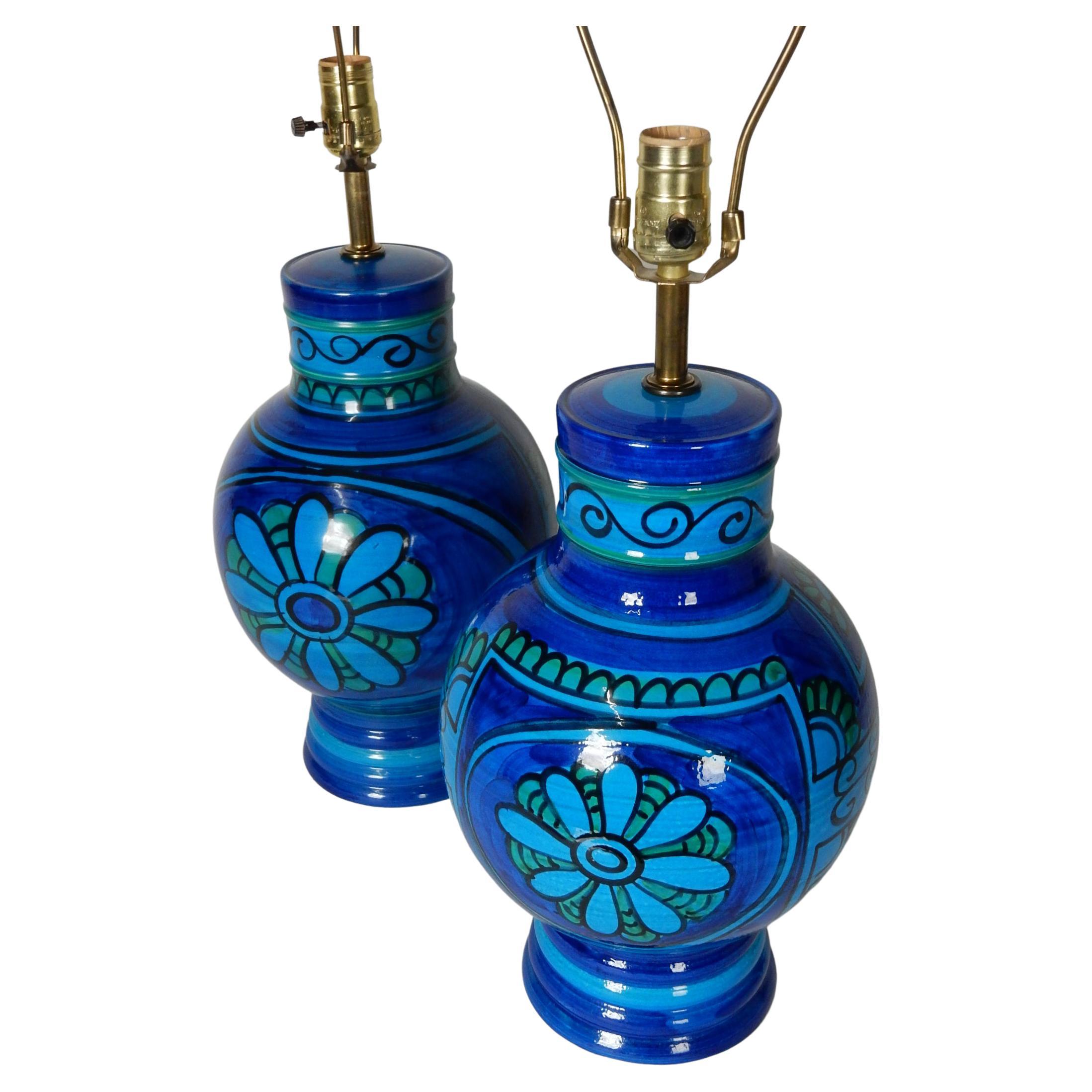 20th Century 1960's Italian Rimini Blue Floral Glaze Table Lamps