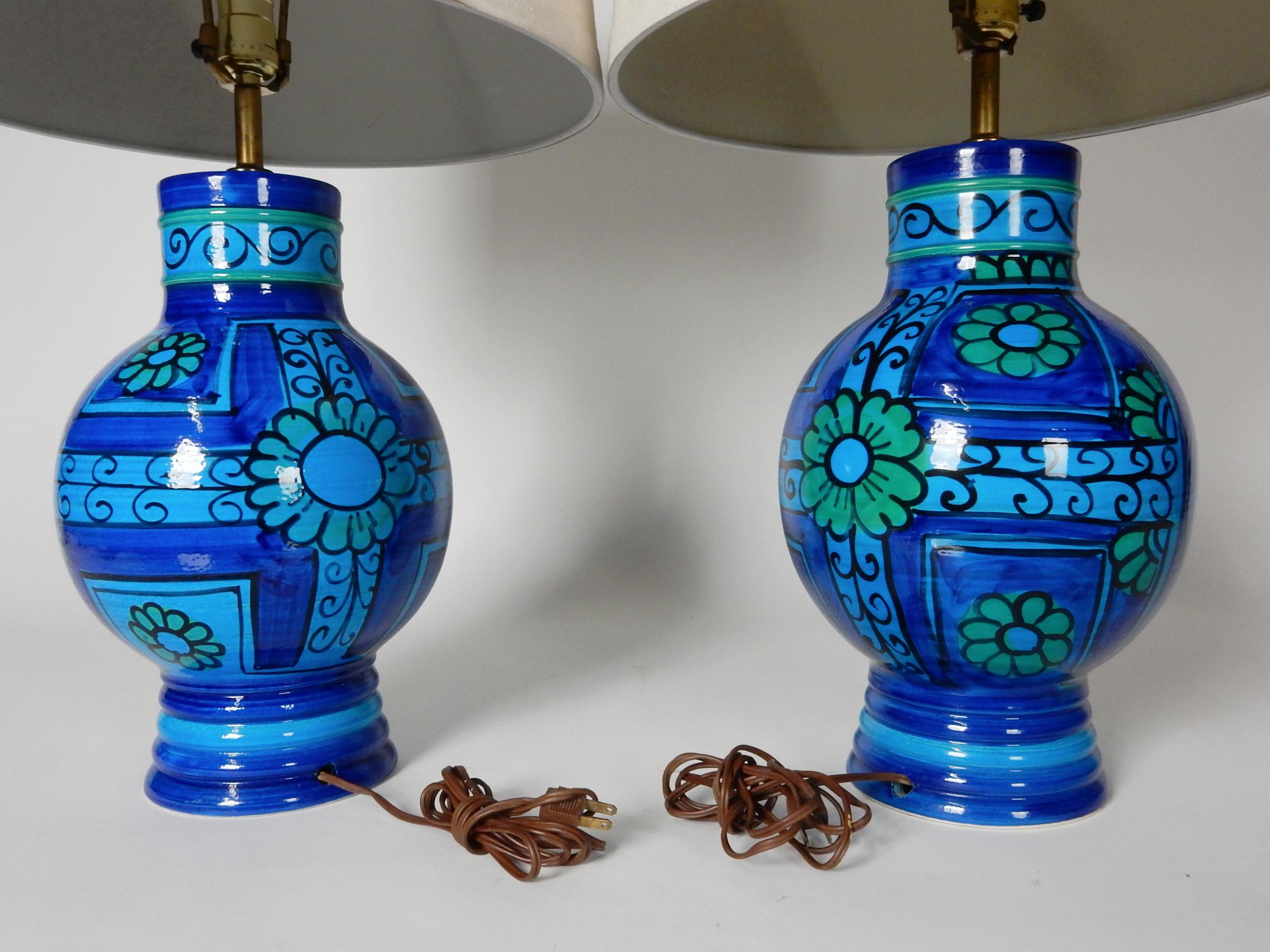 1960's Italian Rimini Blue Floral Glaze Table Lamps 2