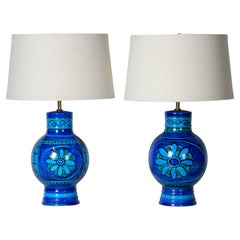 1960's Italian Rimini Blue Floral Glaze Table Lamps