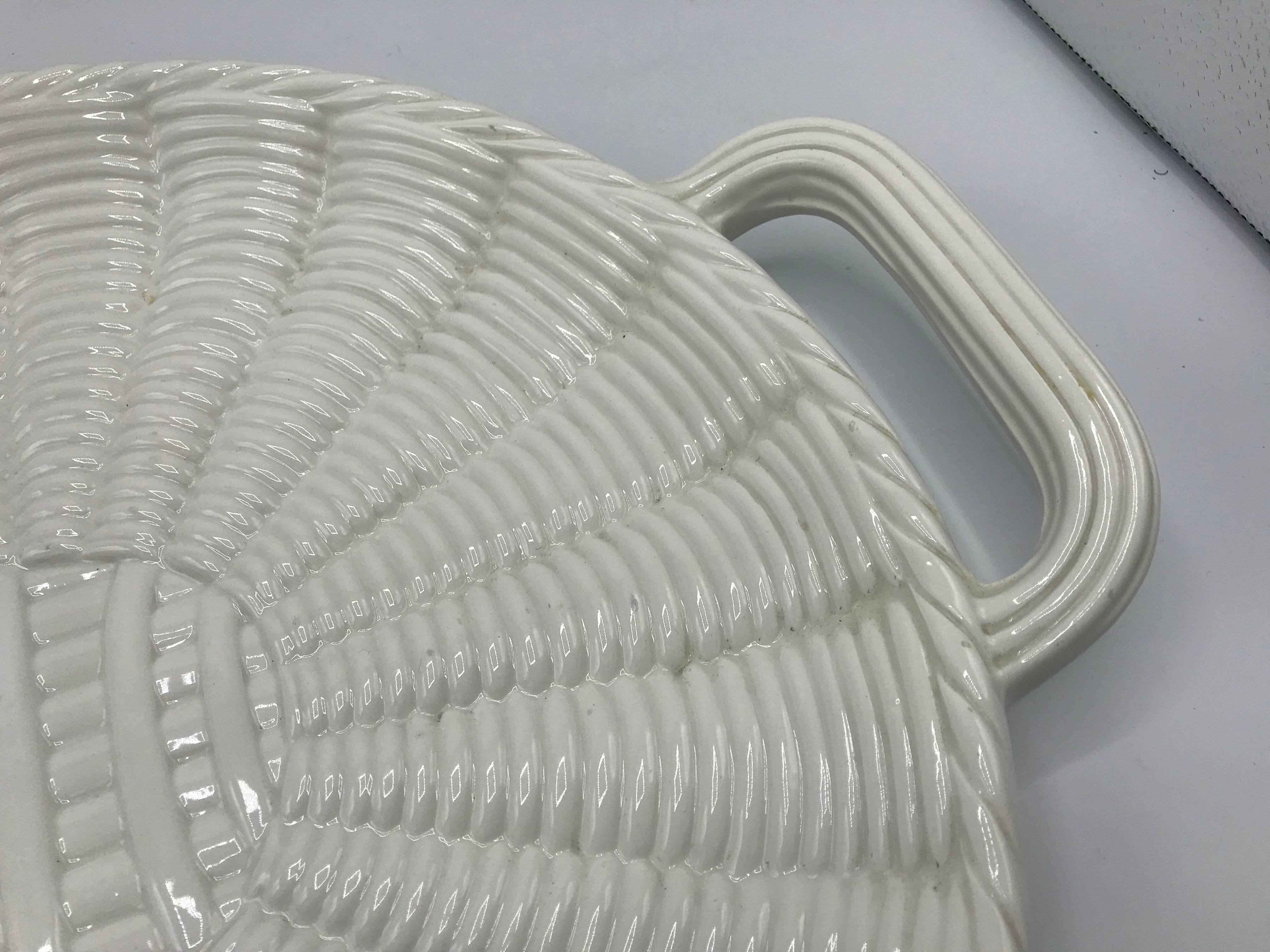 Glazed 1960s Italian Saks Fifth Avenue White Ceramic Basket Weave Serving Tray Charger