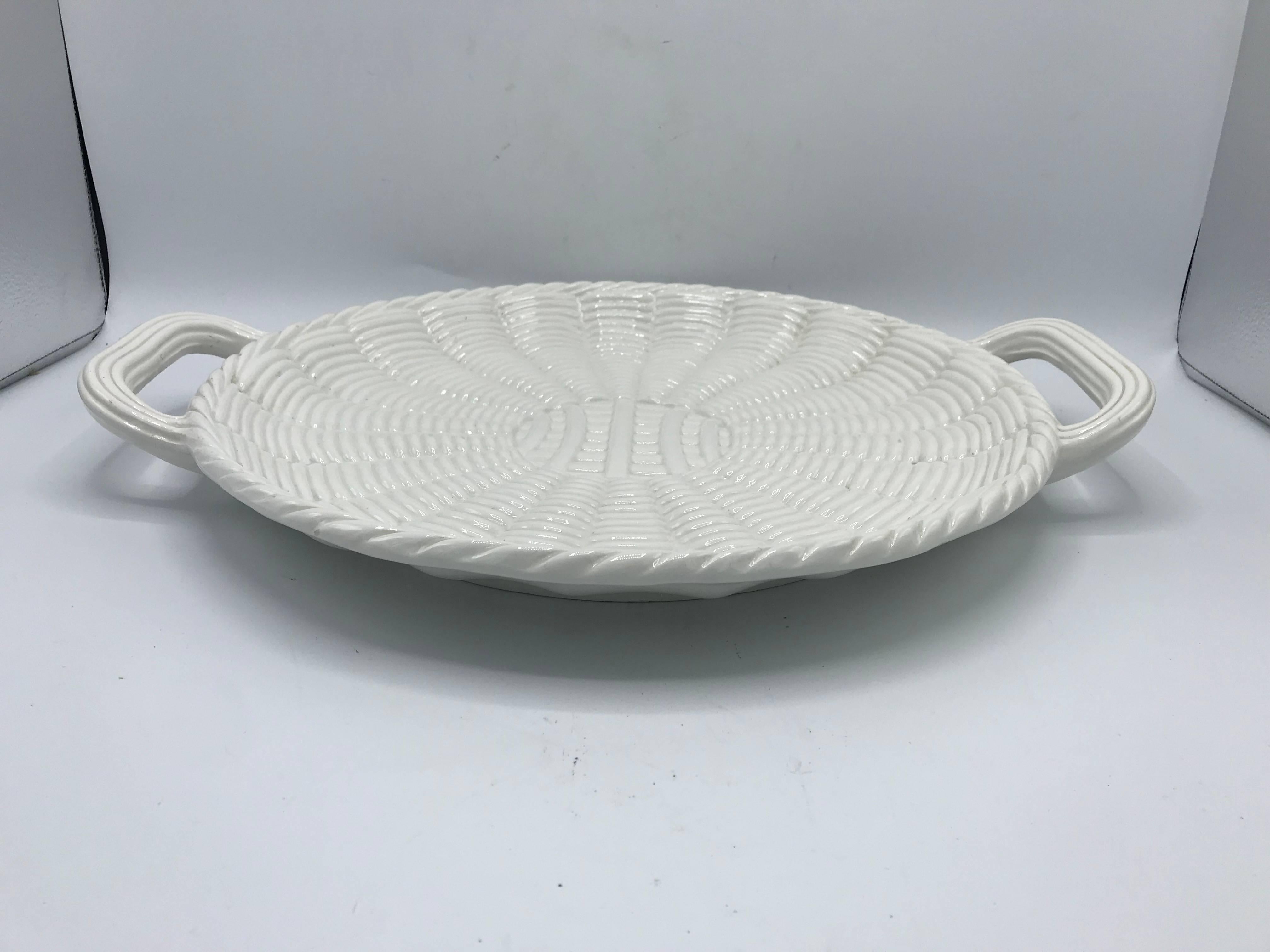 1960s Italian Saks Fifth Avenue White Ceramic Basket Weave Serving Tray Charger In Excellent Condition In Richmond, VA