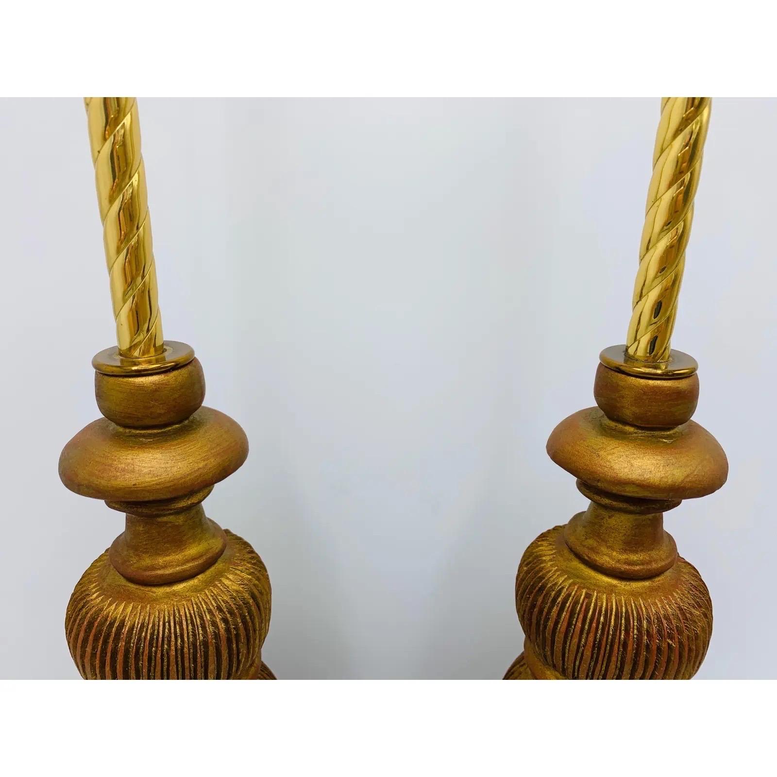 Hand-Carved 1960s Italian Sarreid Giltwood and Brass Tassel Lamps, Pair For Sale