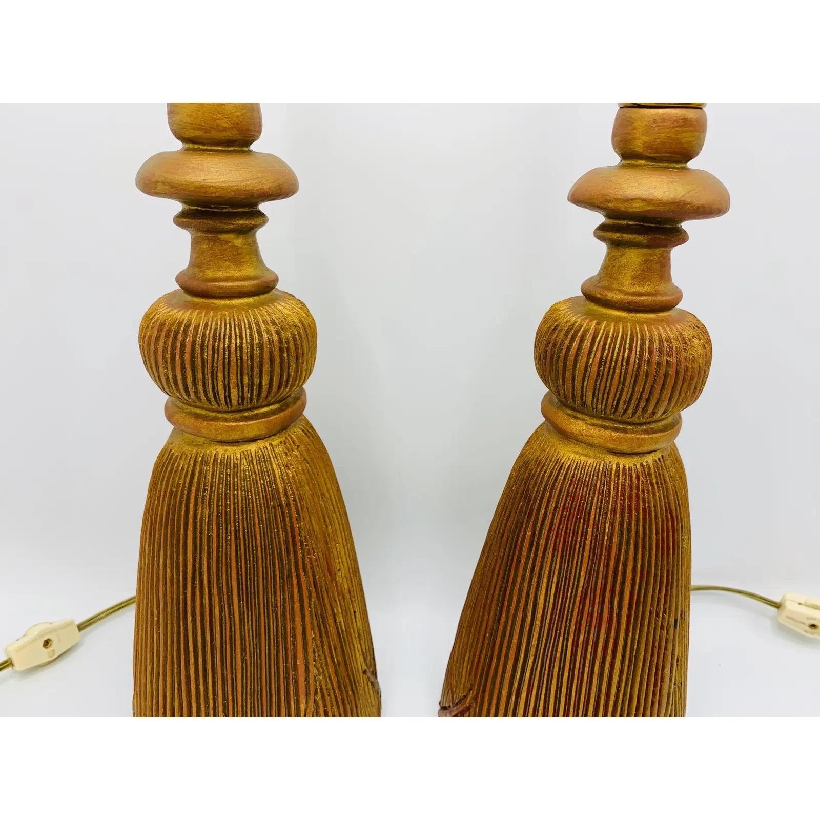 1960s Italian Sarreid Giltwood and Brass Tassel Lamps, Pair In Good Condition For Sale In Richmond, VA