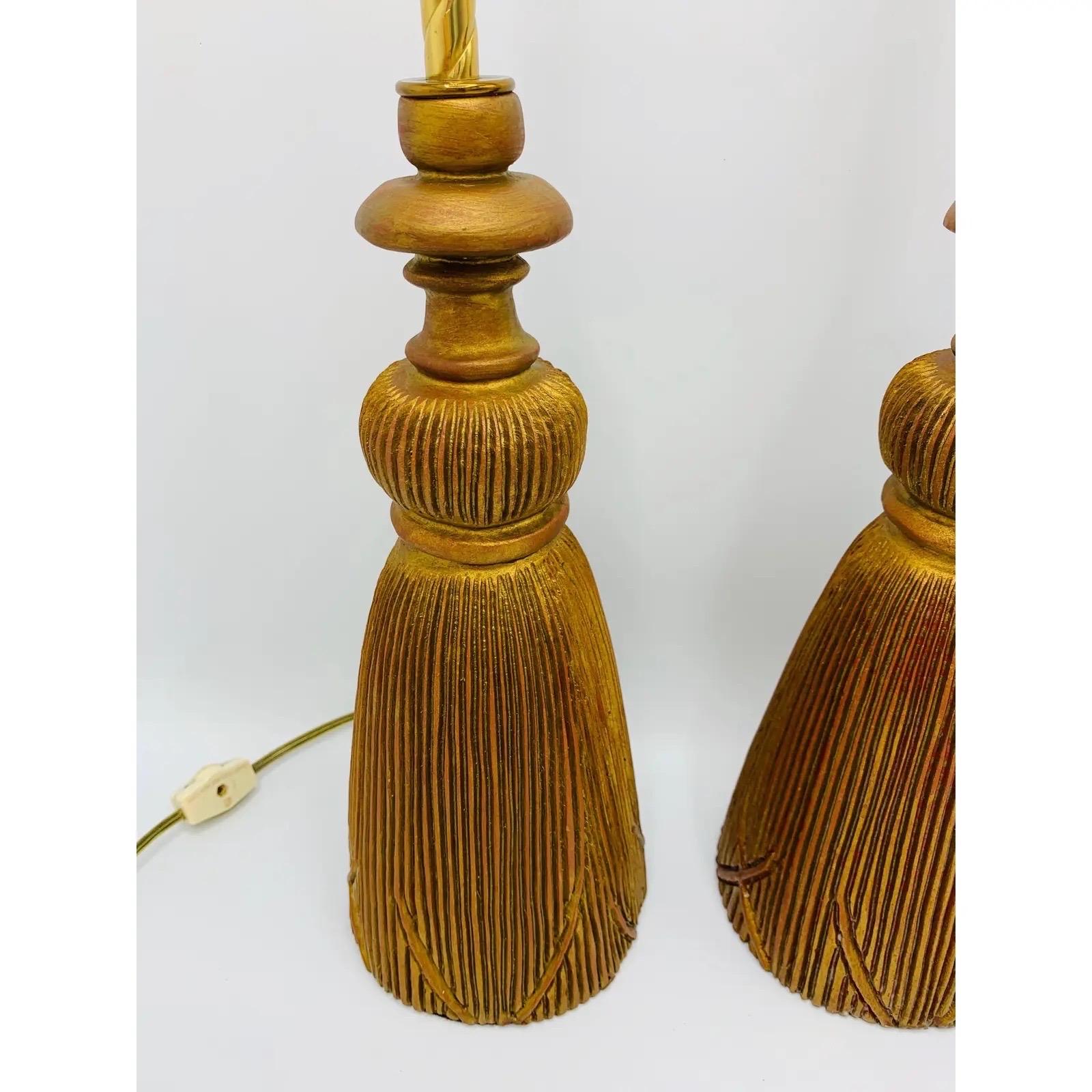 20th Century 1960s Italian Sarreid Giltwood and Brass Tassel Lamps, Pair For Sale