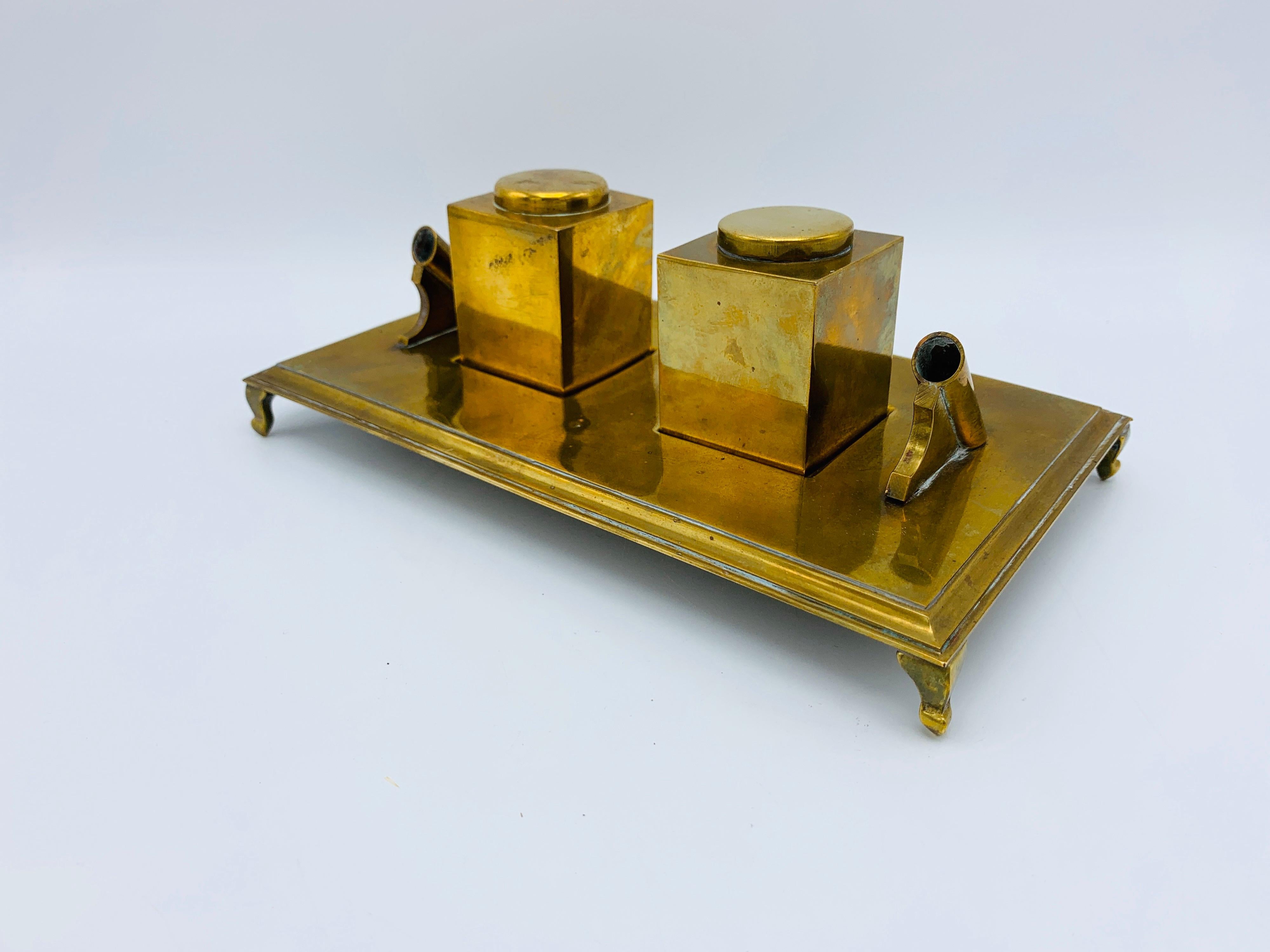 20th Century 1960s Italian Sarreid Ltd. Brass Inkwell Desk Set For Sale