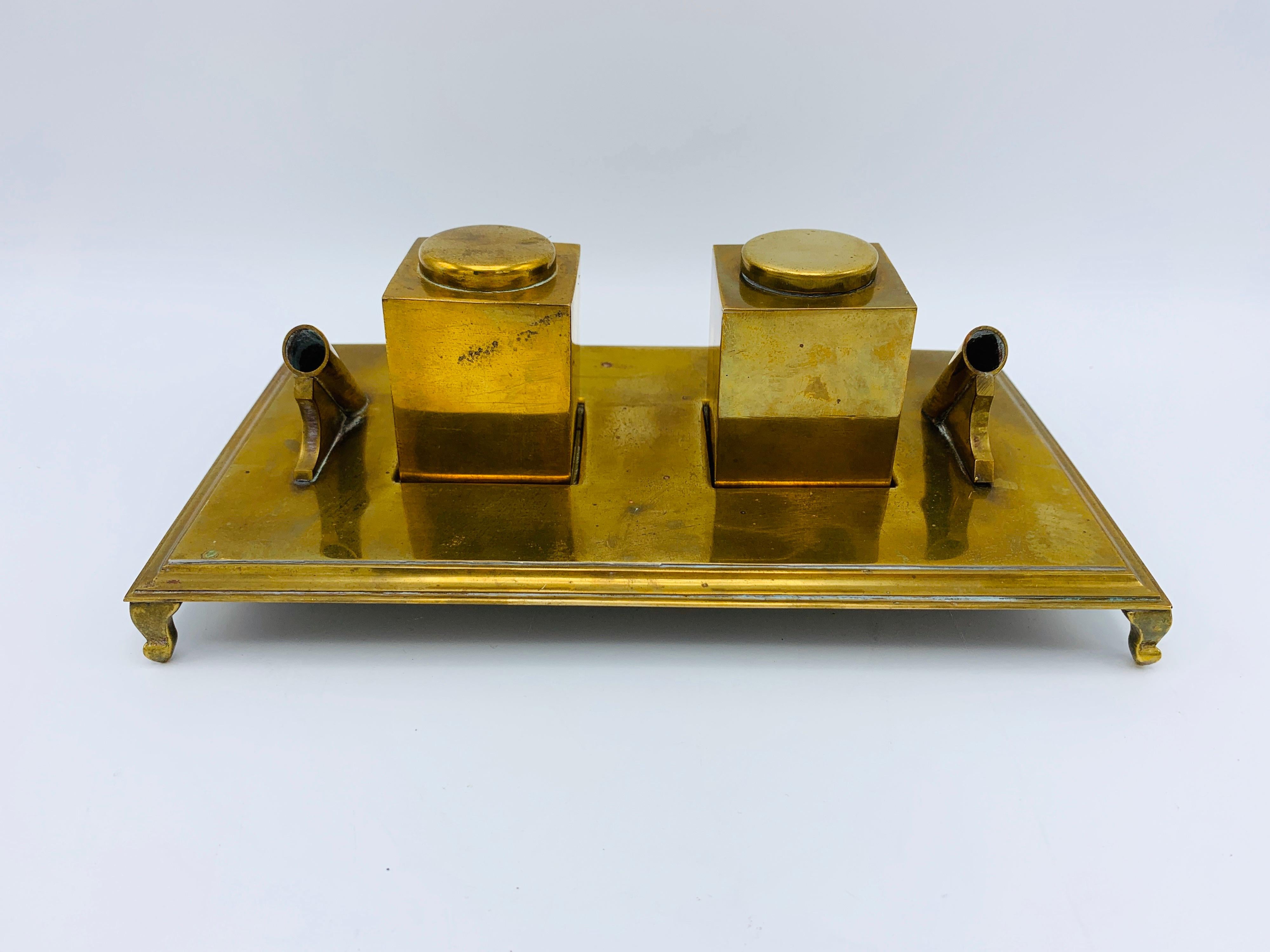 1960s Italian Sarreid Ltd. Brass Inkwell Desk Set For Sale 1