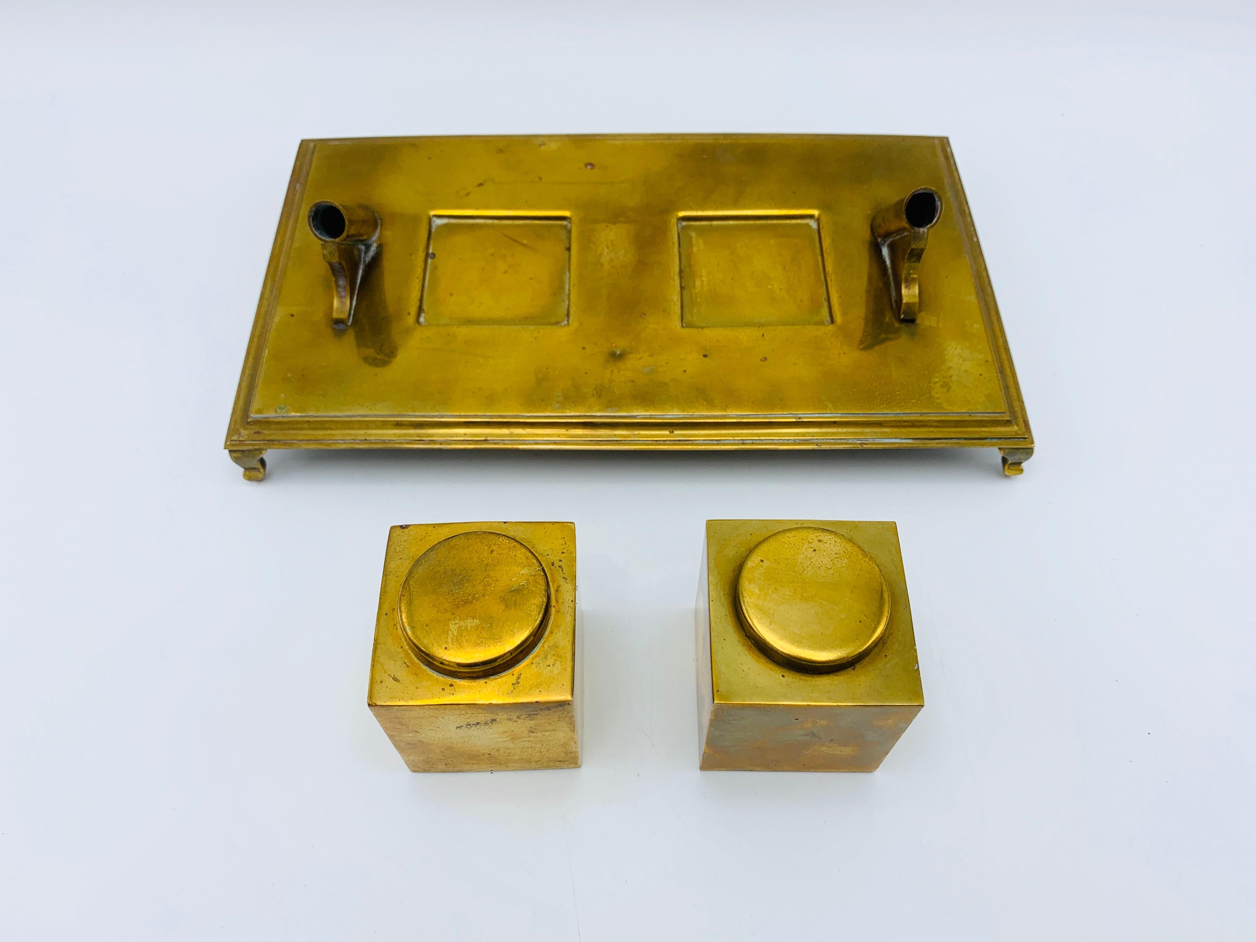 1960s Italian Sarreid Ltd. Brass Inkwell Desk Set For Sale 3