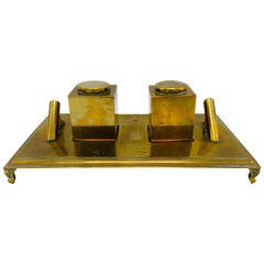 1960s Italian Sarreid Ltd. Brass Inkwell Desk Set