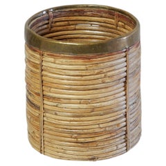 1960's Italian Sculpted Pencil Reed Rattan Planter with Hammered Brass Trim