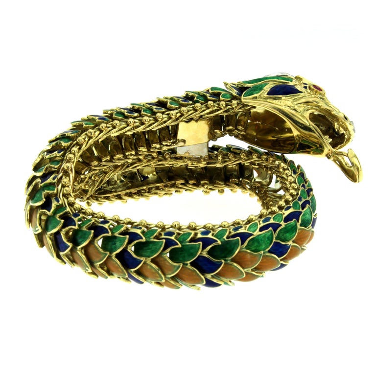 1960s Italian Serpentine Diamond Ruby Enamel Gold Bracelet at 1stDibs ...