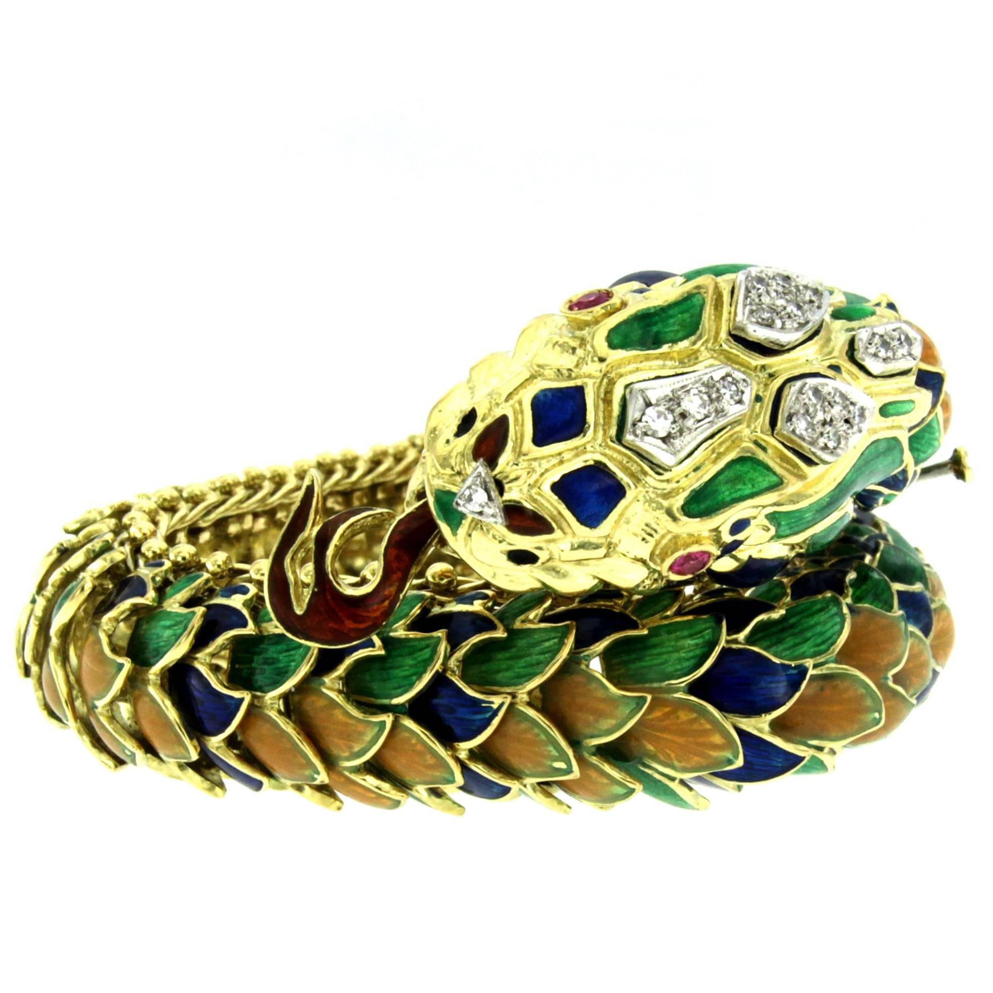 1960s Italian Serpentine Diamond Ruby Enamel Gold Bracelet