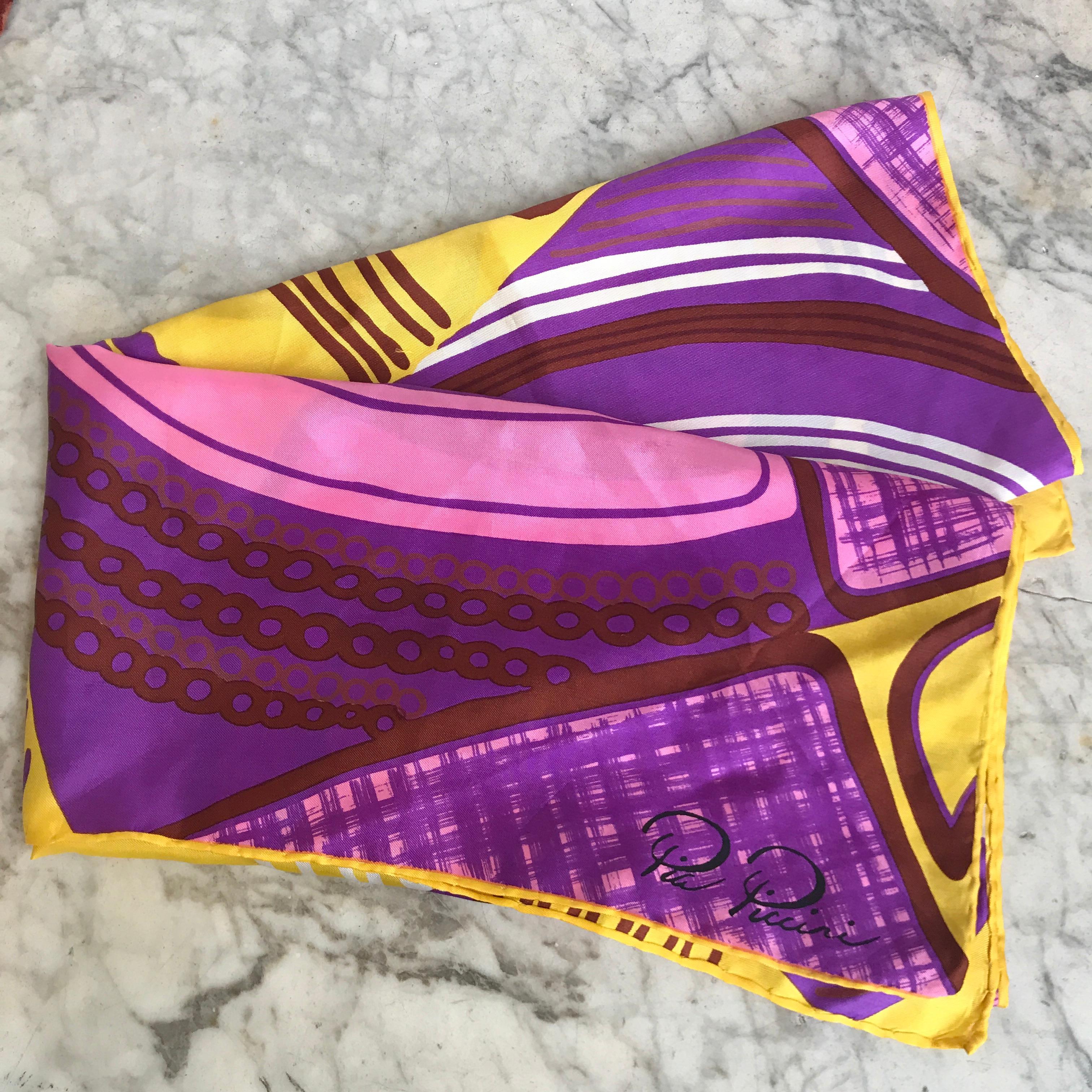 Groovy Italian 1960's silk scarf by Pia Piccini. Very cool abstract print in purple pink brown and golden yellow. Hand rolled and sewn edges attest to the quality .