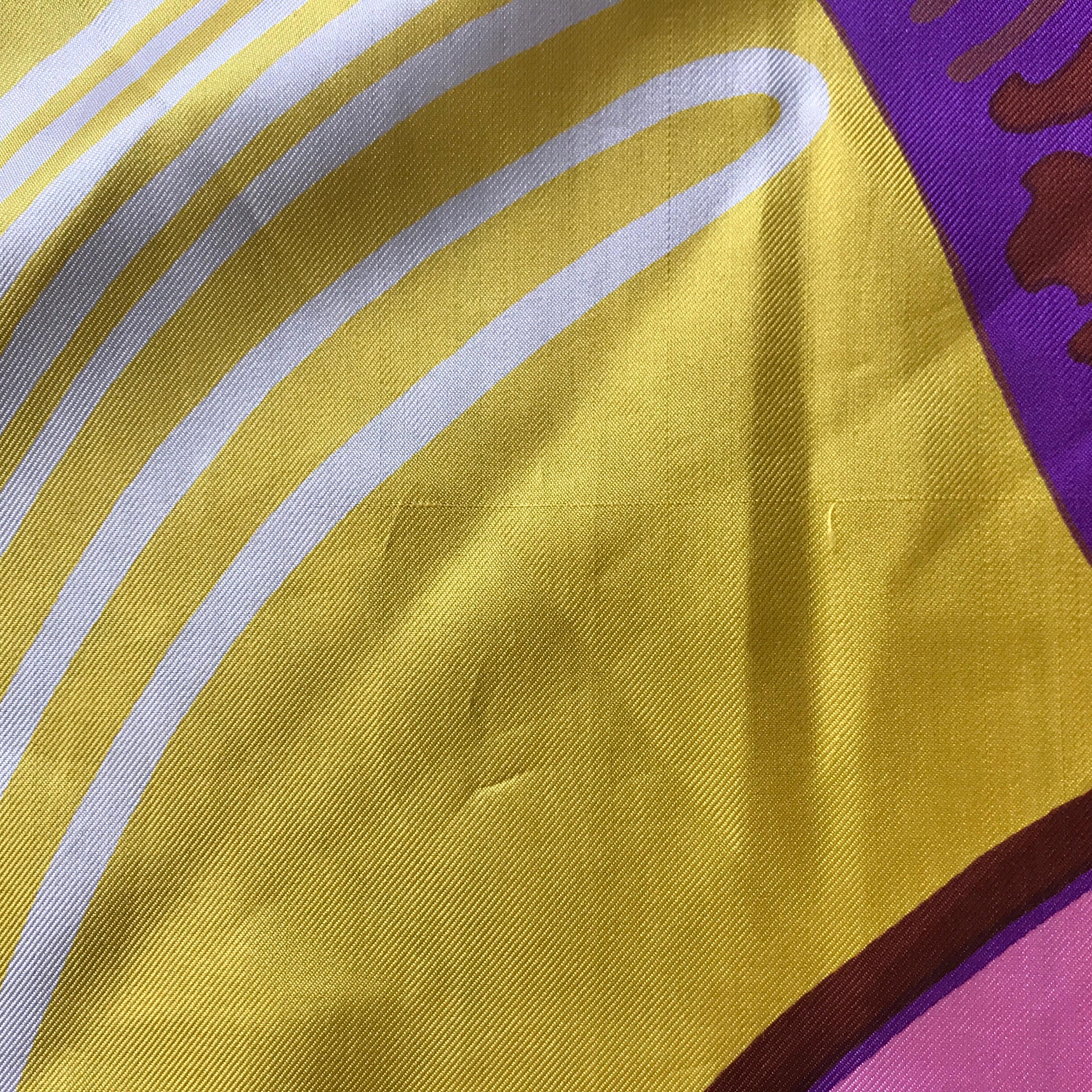 Women's or Men's 1960's Italian Silk Scarf By Pia Piccini In Mod Purple Yellow and Pink Print For Sale