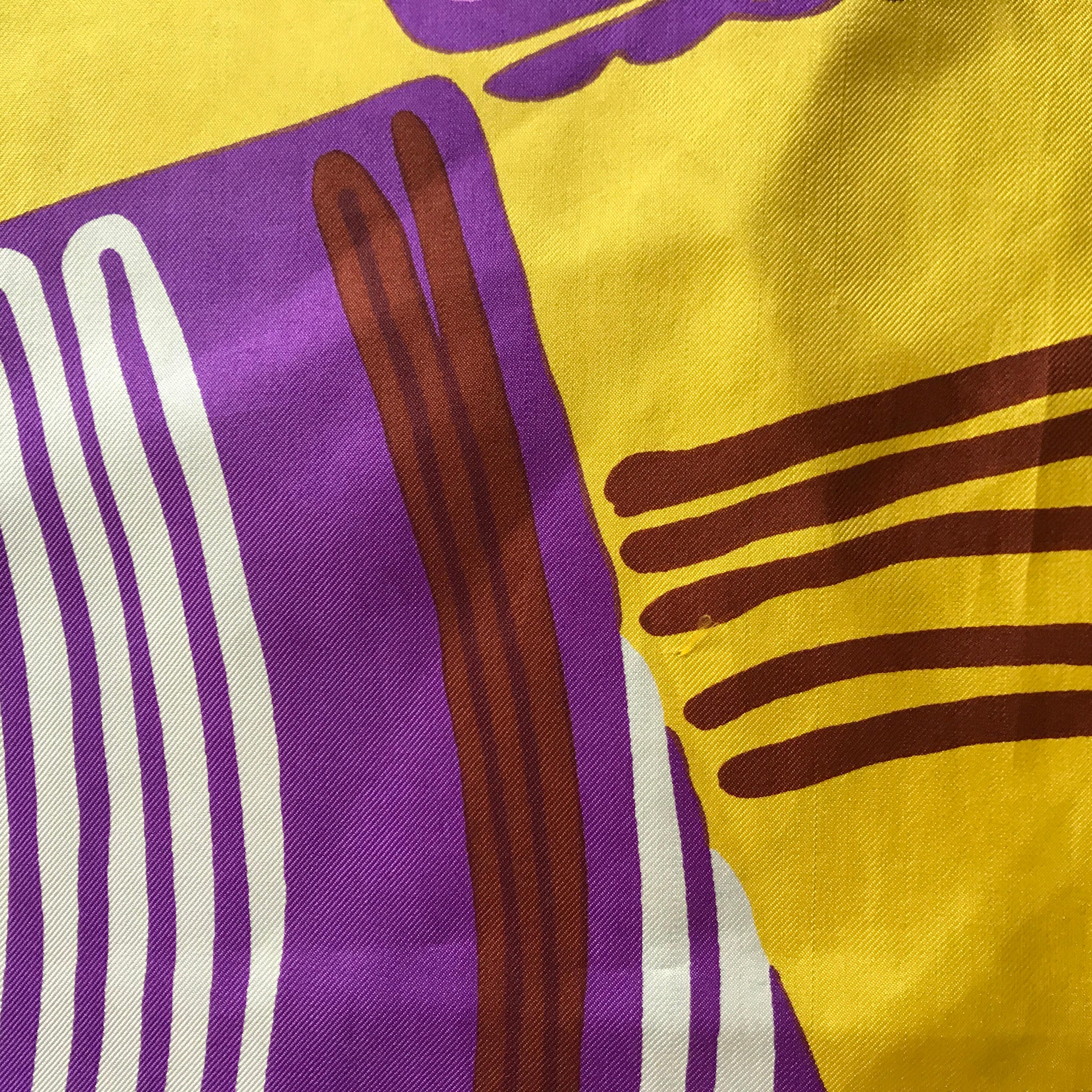 1960's Italian Silk Scarf By Pia Piccini In Mod Purple Yellow and Pink Print For Sale 1