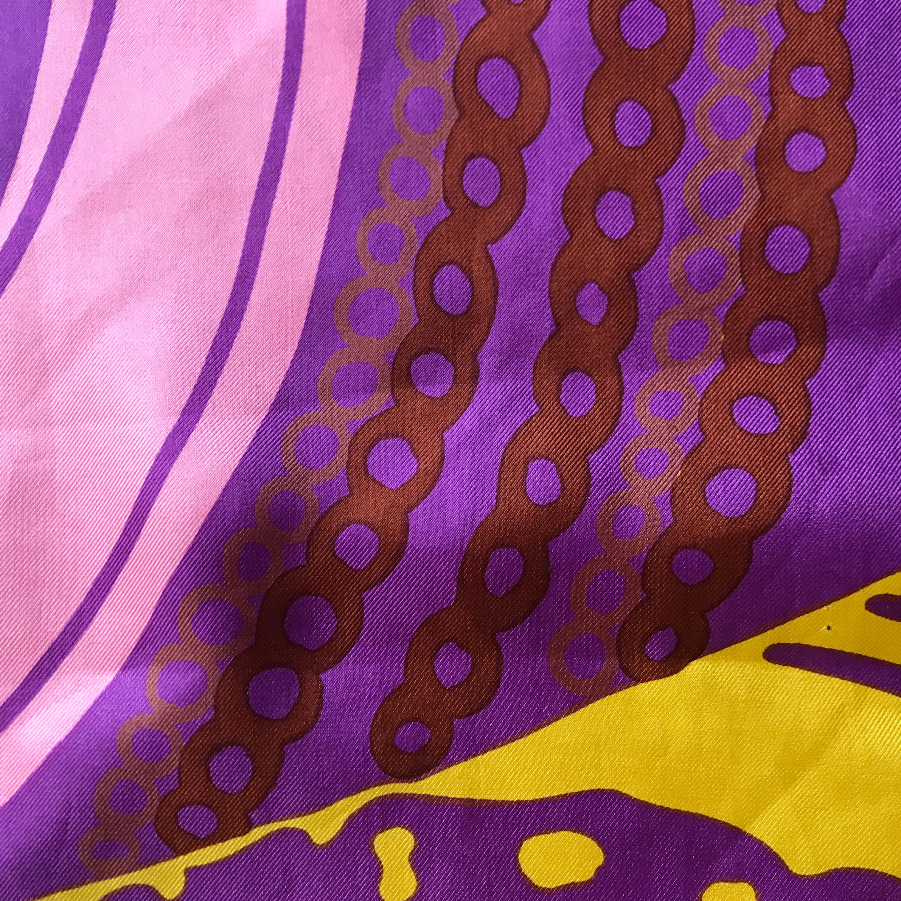 1960's Italian Silk Scarf By Pia Piccini In Mod Purple Yellow and Pink Print For Sale 2