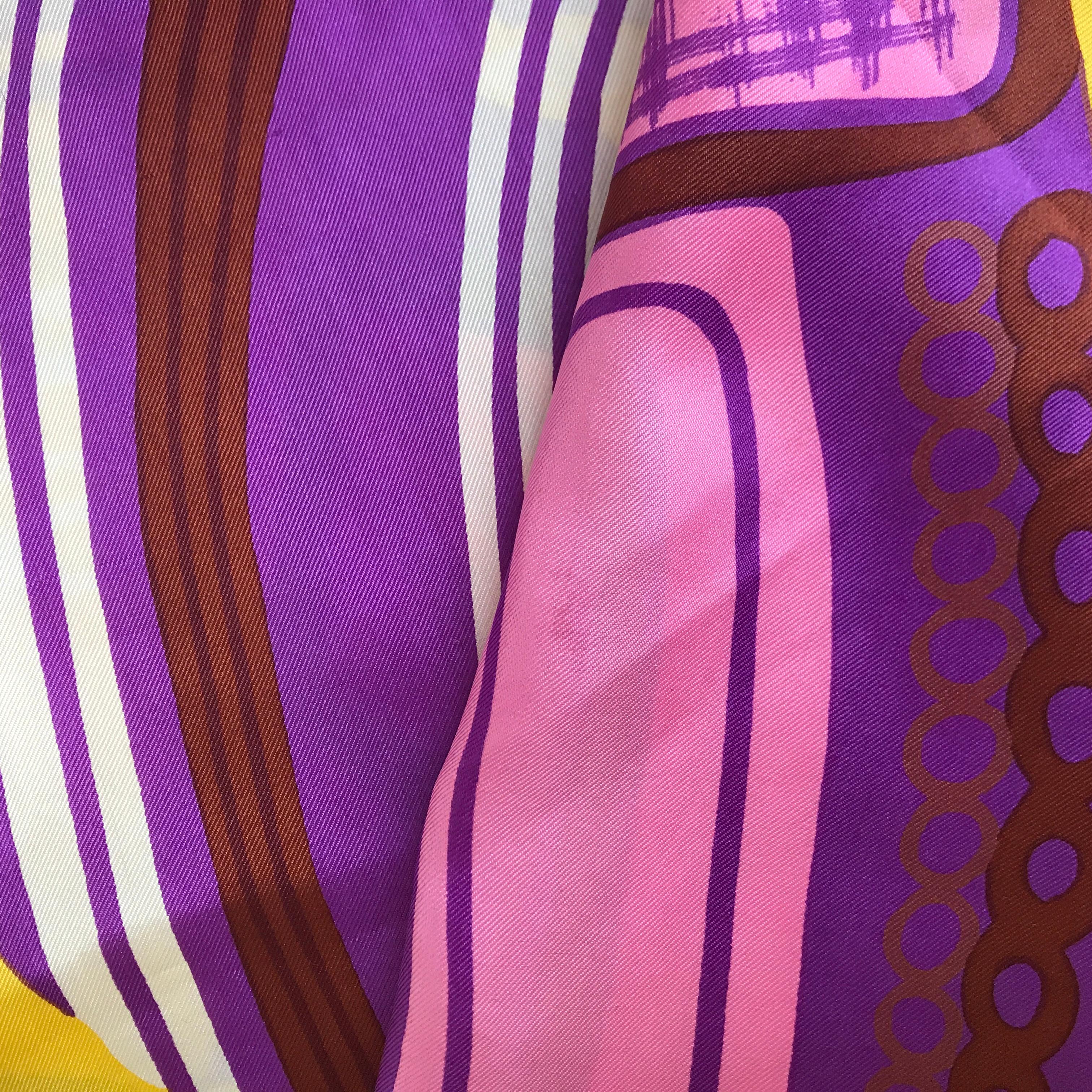 1960's Italian Silk Scarf By Pia Piccini In Mod Purple Yellow and Pink Print For Sale 3