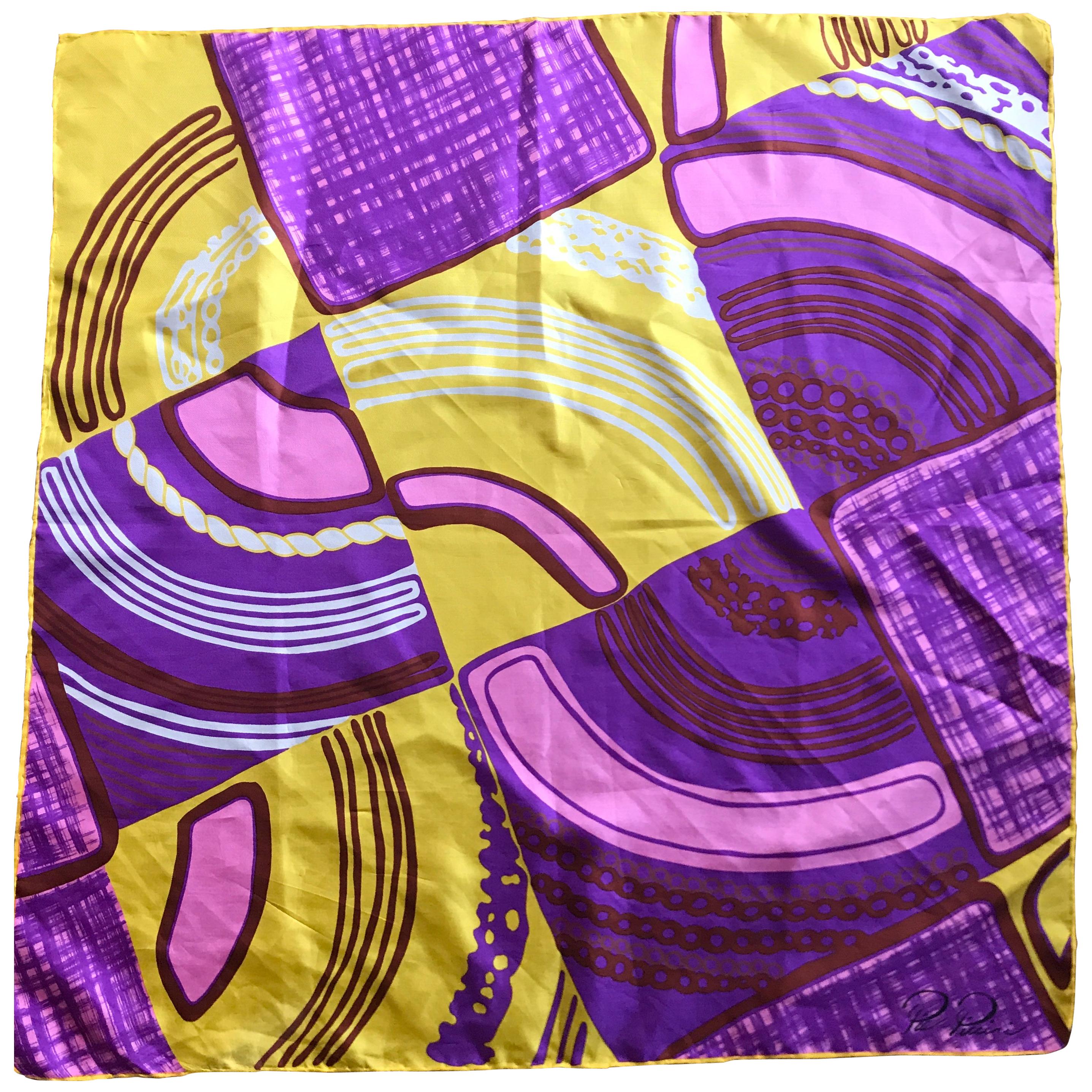 1960's Italian Silk Scarf By Pia Piccini In Mod Purple Yellow and Pink Print For Sale