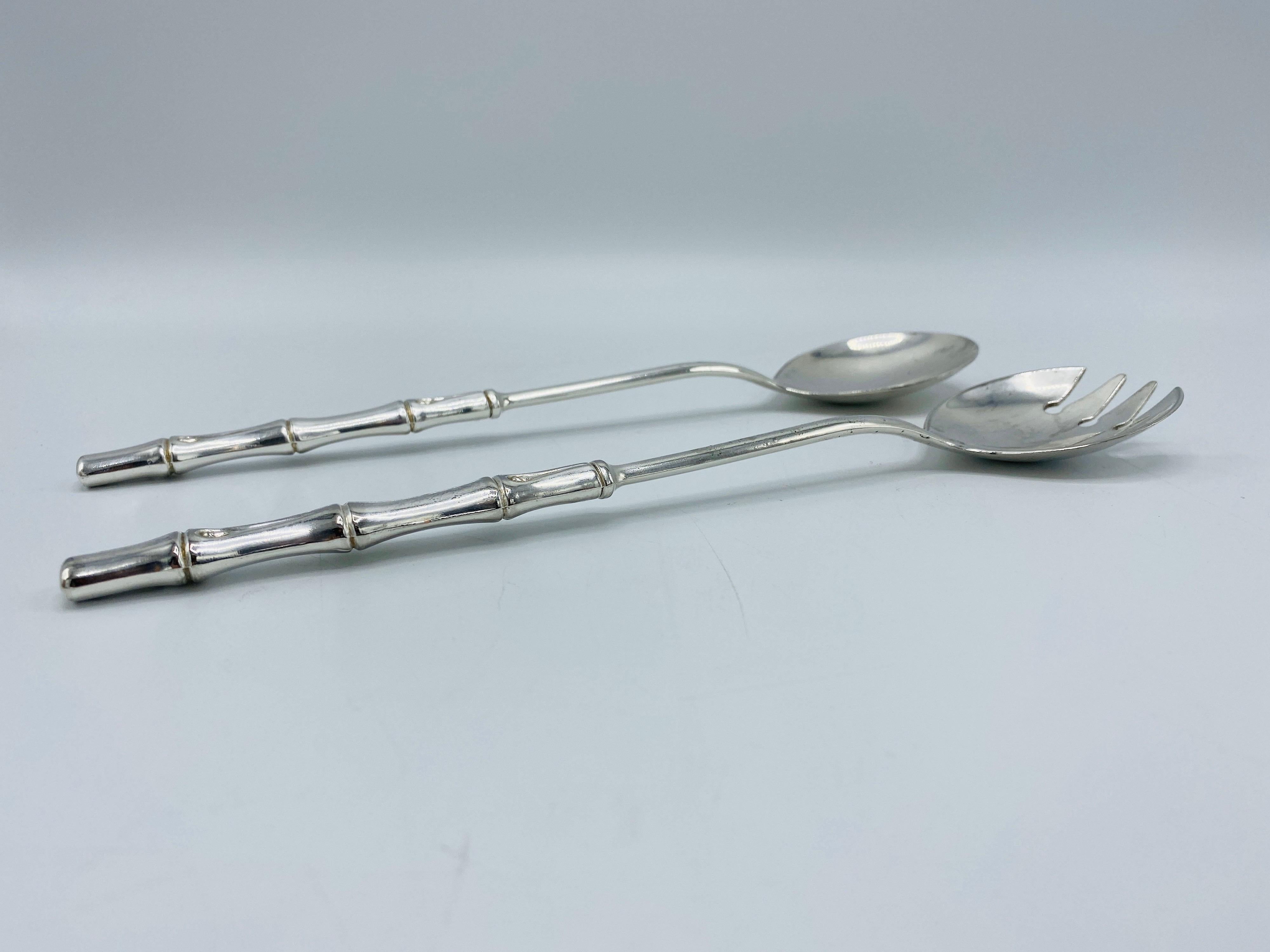 Chinoiserie 1960s Italian Silver-Plate Faux Bamboo Salad Utensils, Set For Sale
