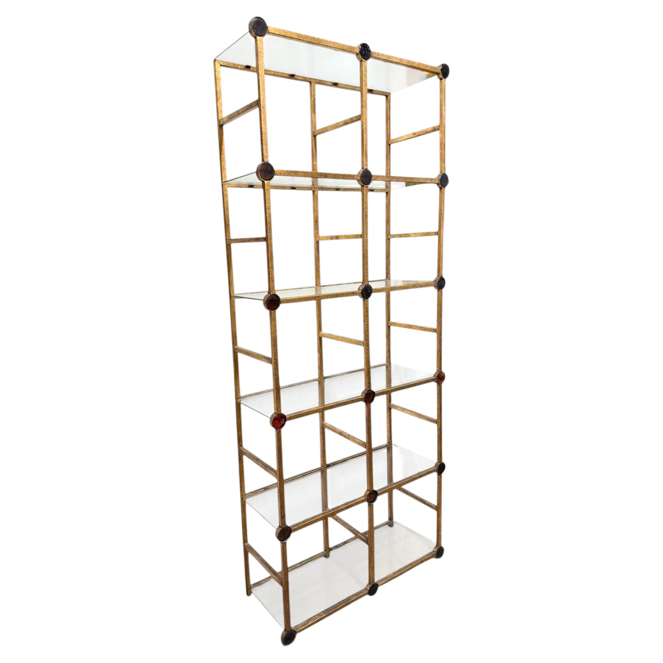 1960's Italian Six Shelf Gilt Metal Etagere with Amber Glass Roundels