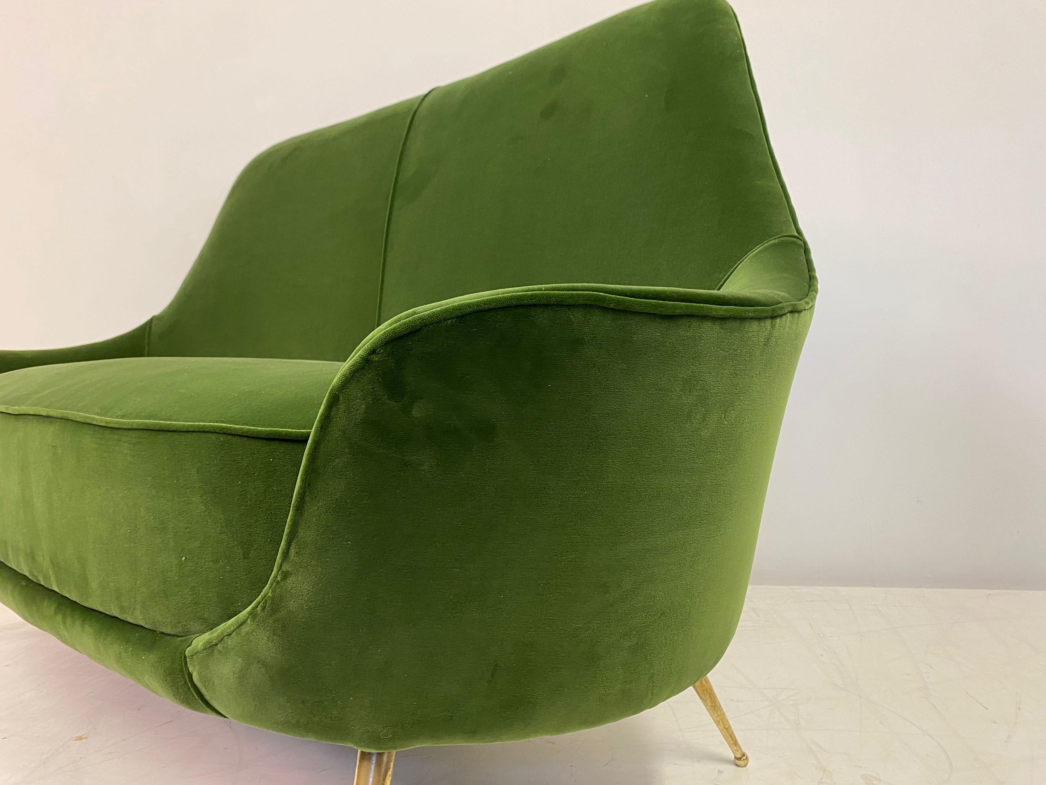 Brass 1960s Italian Sofa in Green Cotton Velvet