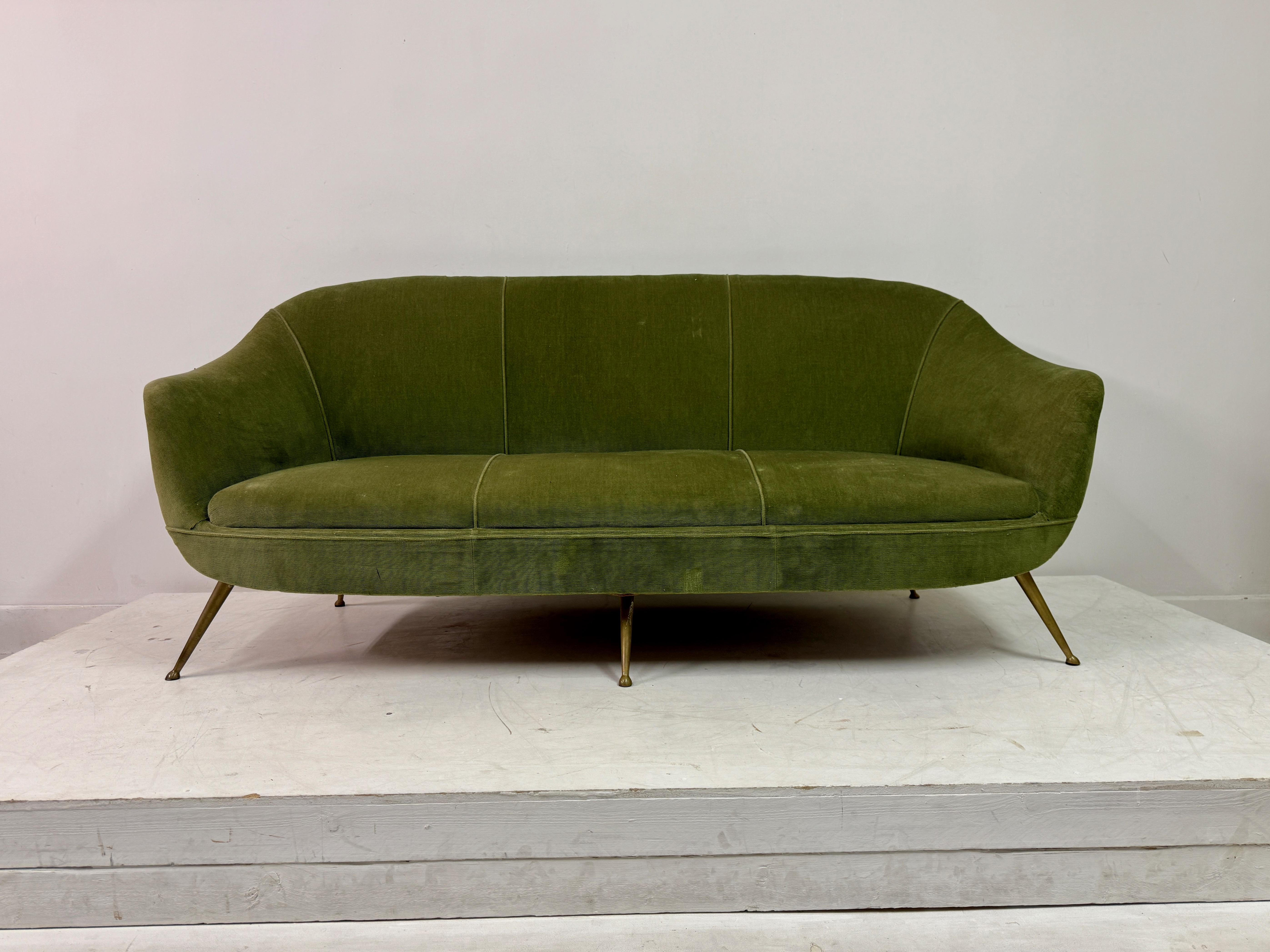 Mid-Century Modern 1960s Italian Sofa With Brass Legs For Sale