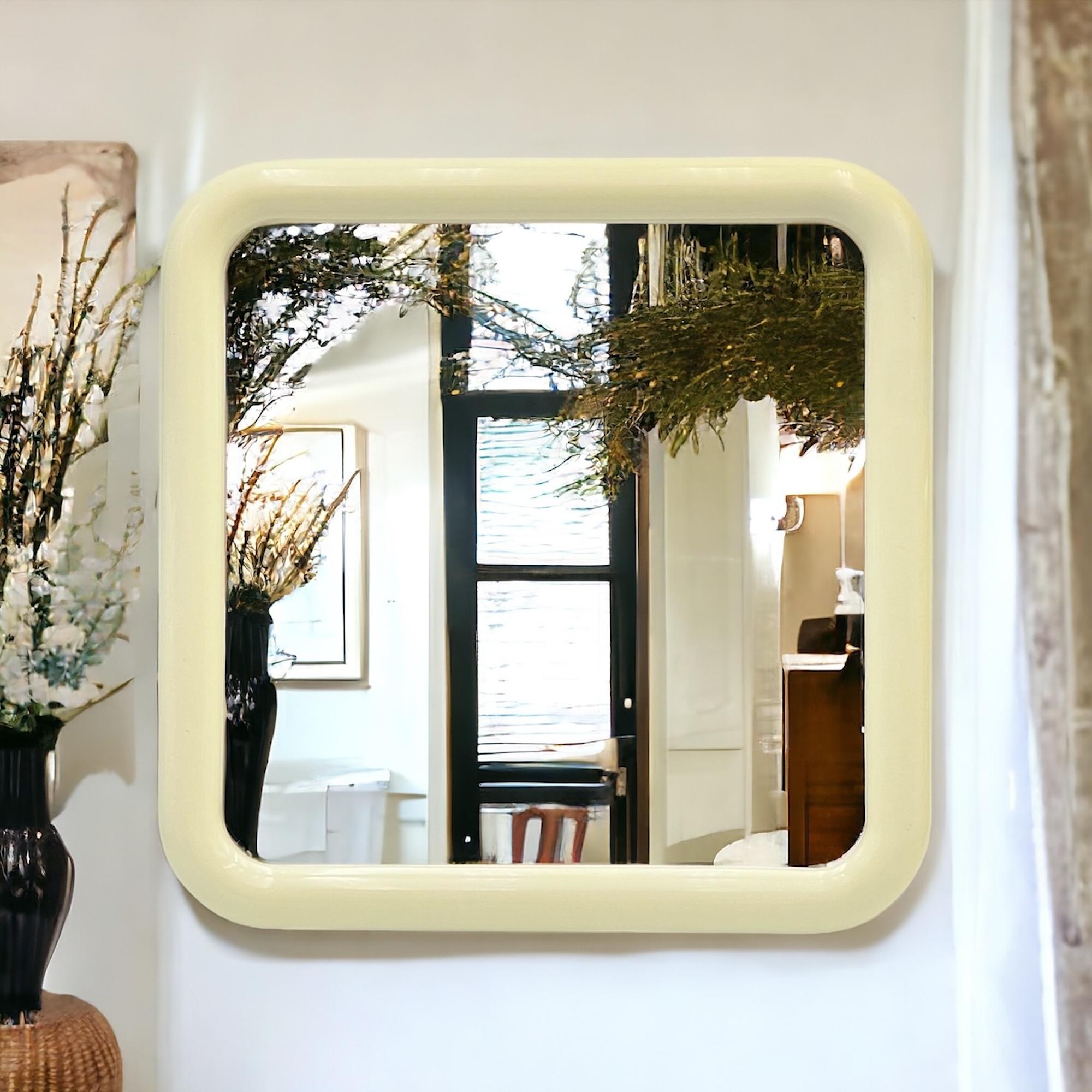1960s Italian Space Age Wall Mirror - Chic Design, Thick Borders, Beige Hue. 6