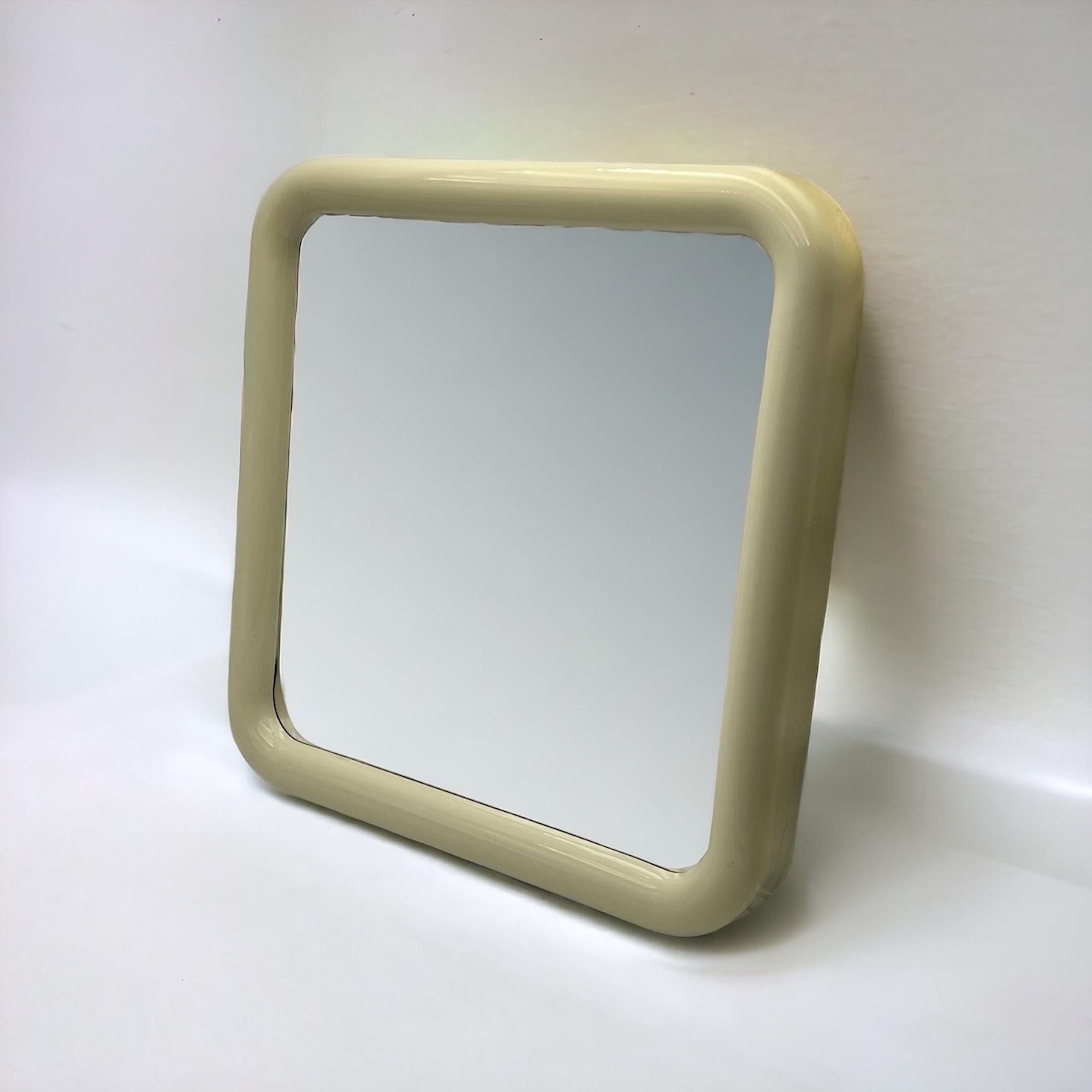 Plastic 1960s Italian Space Age Wall Mirror - Chic Design, Thick Borders, Beige Hue.
