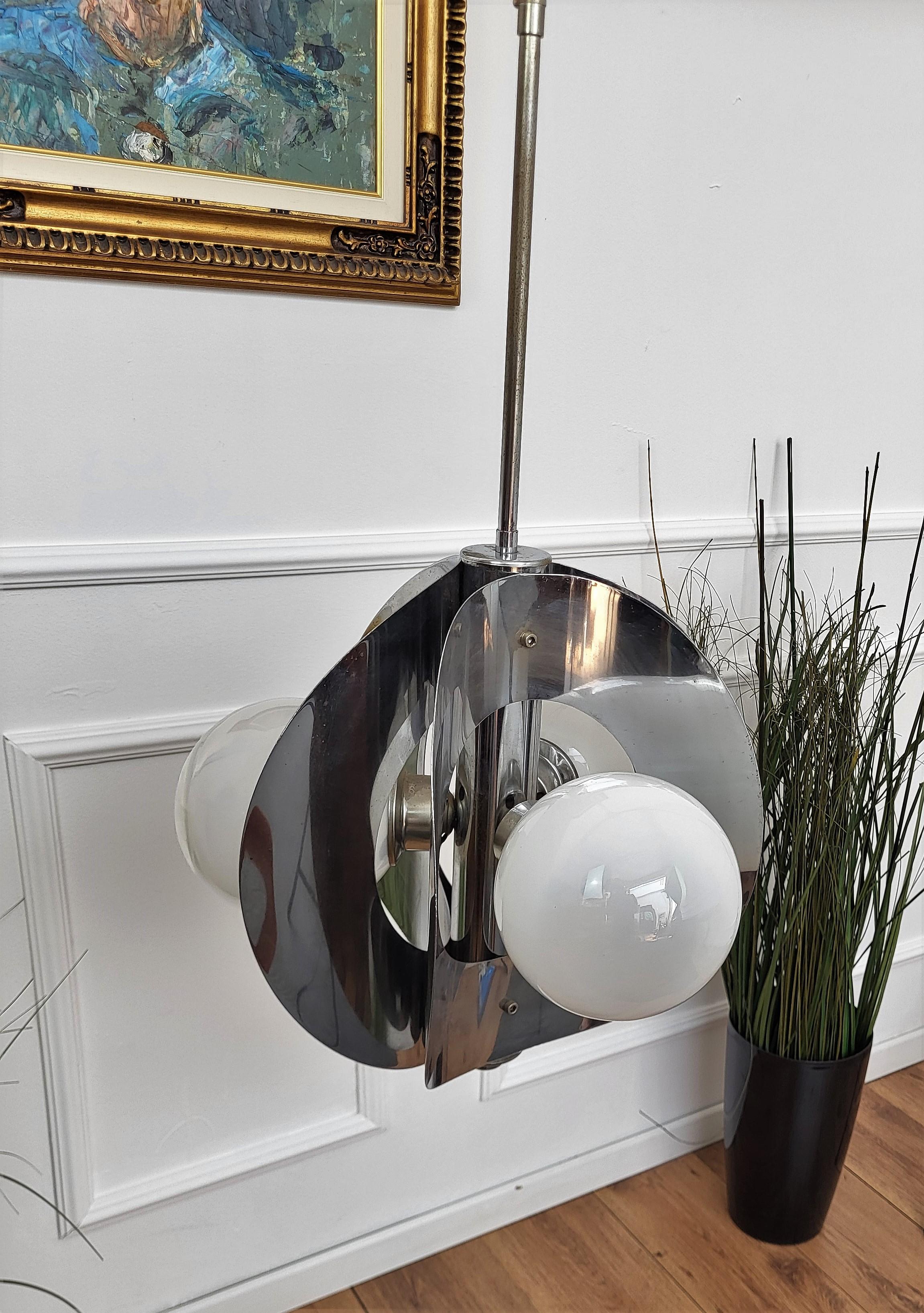 20th Century 1960s Italian Spaceage Metal Glass Balls Pendant Suspension Hanging Light For Sale