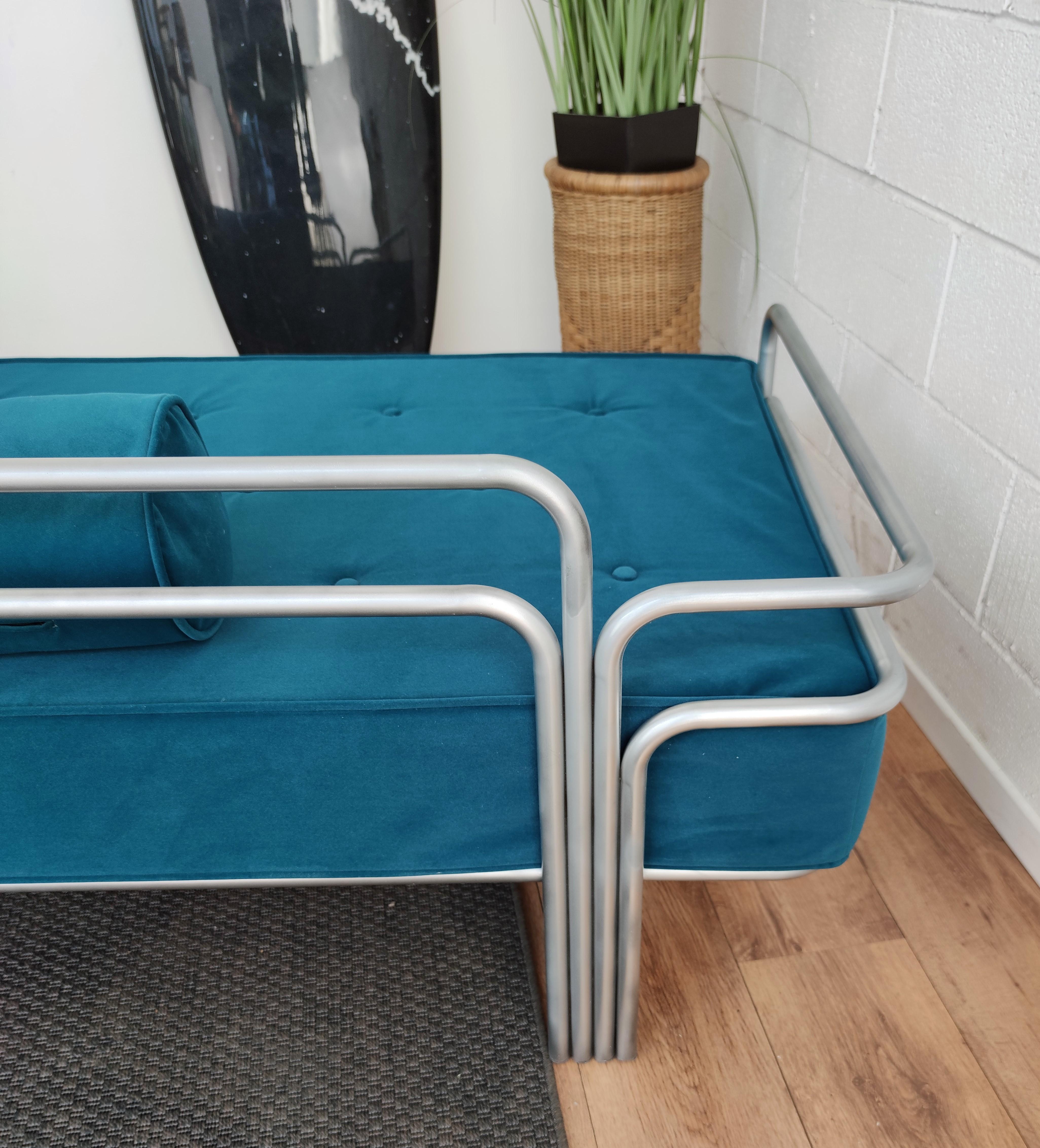 20th Century 1960s Italian Steel and Tufted Velvet Blue Re-Upholstered Sofa or Daybed For Sale