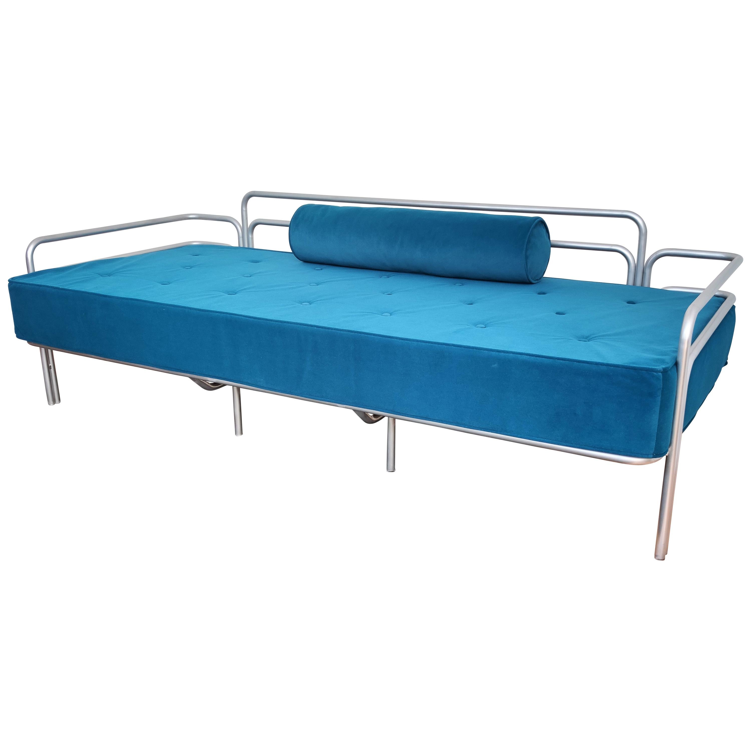 1960s Italian Steel and Tufted Velvet Blue Re-Upholstered Sofa or Daybed