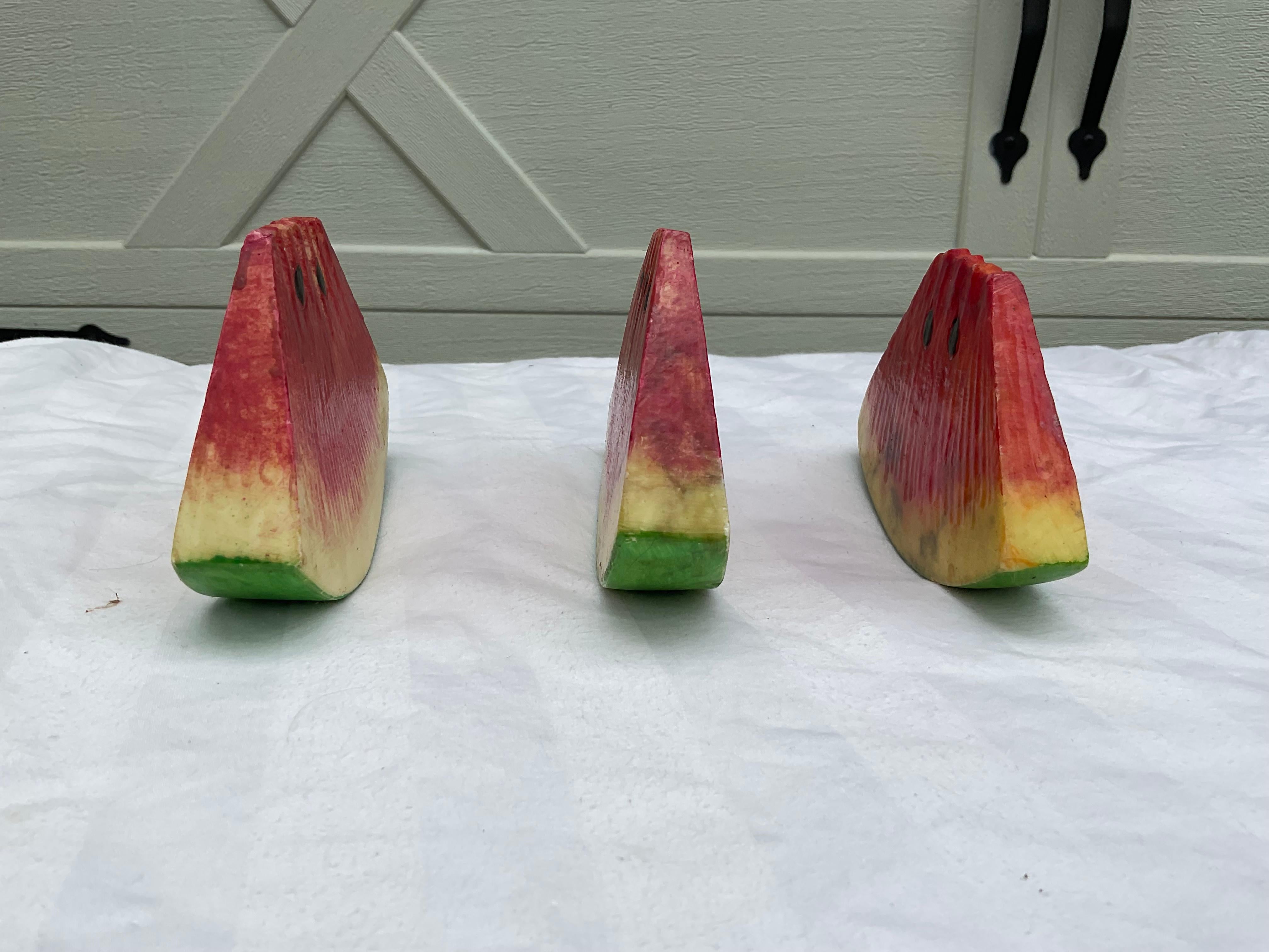 I love all Italian stone fruit! At this point in time, I only buy “ hard to find” pieces of it. This collection of 3 watermelon slices fits this category. They are very realistic, in appearance. All hand painted, made of Italian alabaster. 2 of the