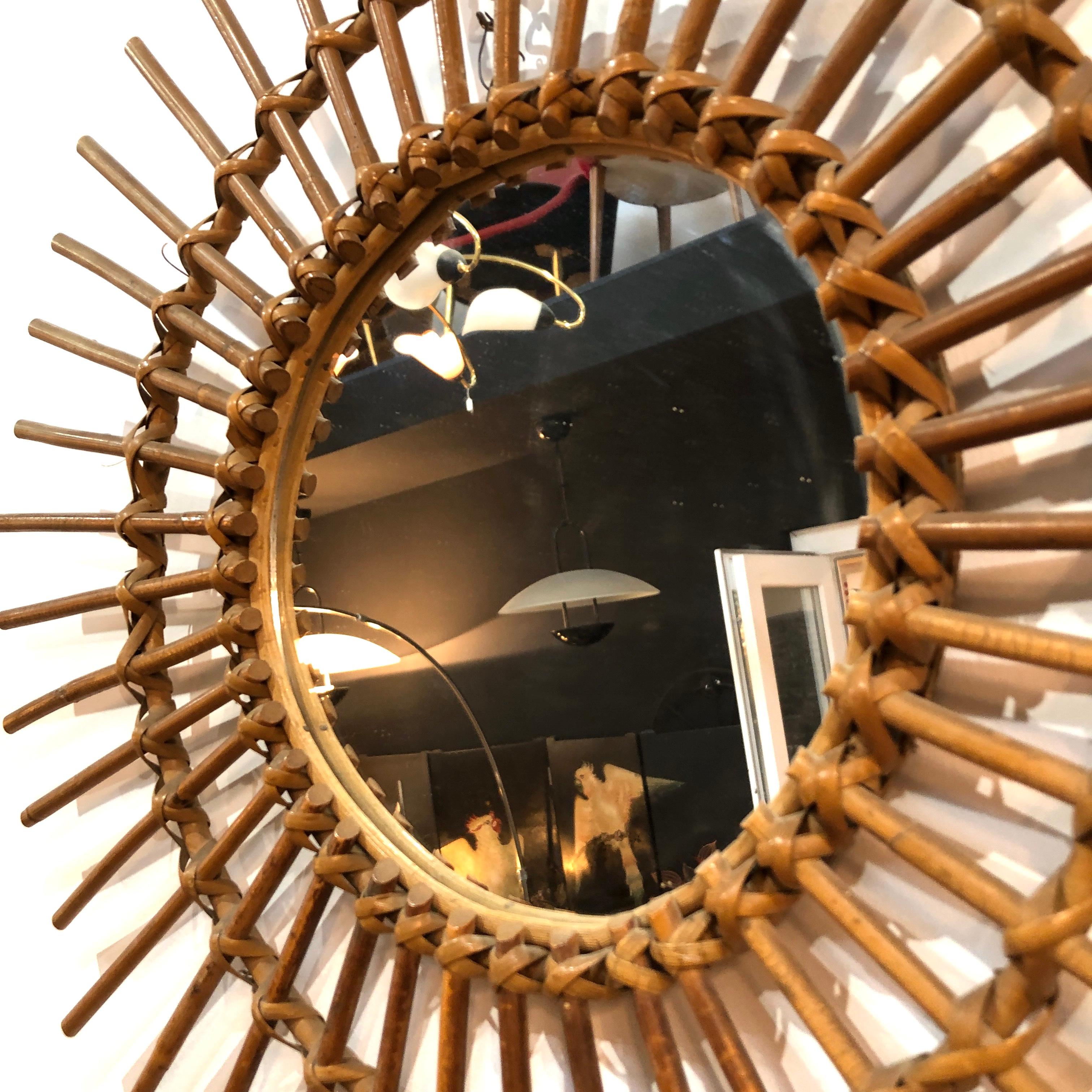 Mid-Century Modern 1960's Italian Sunburst Bamboo / Rattan Wall Mirror.