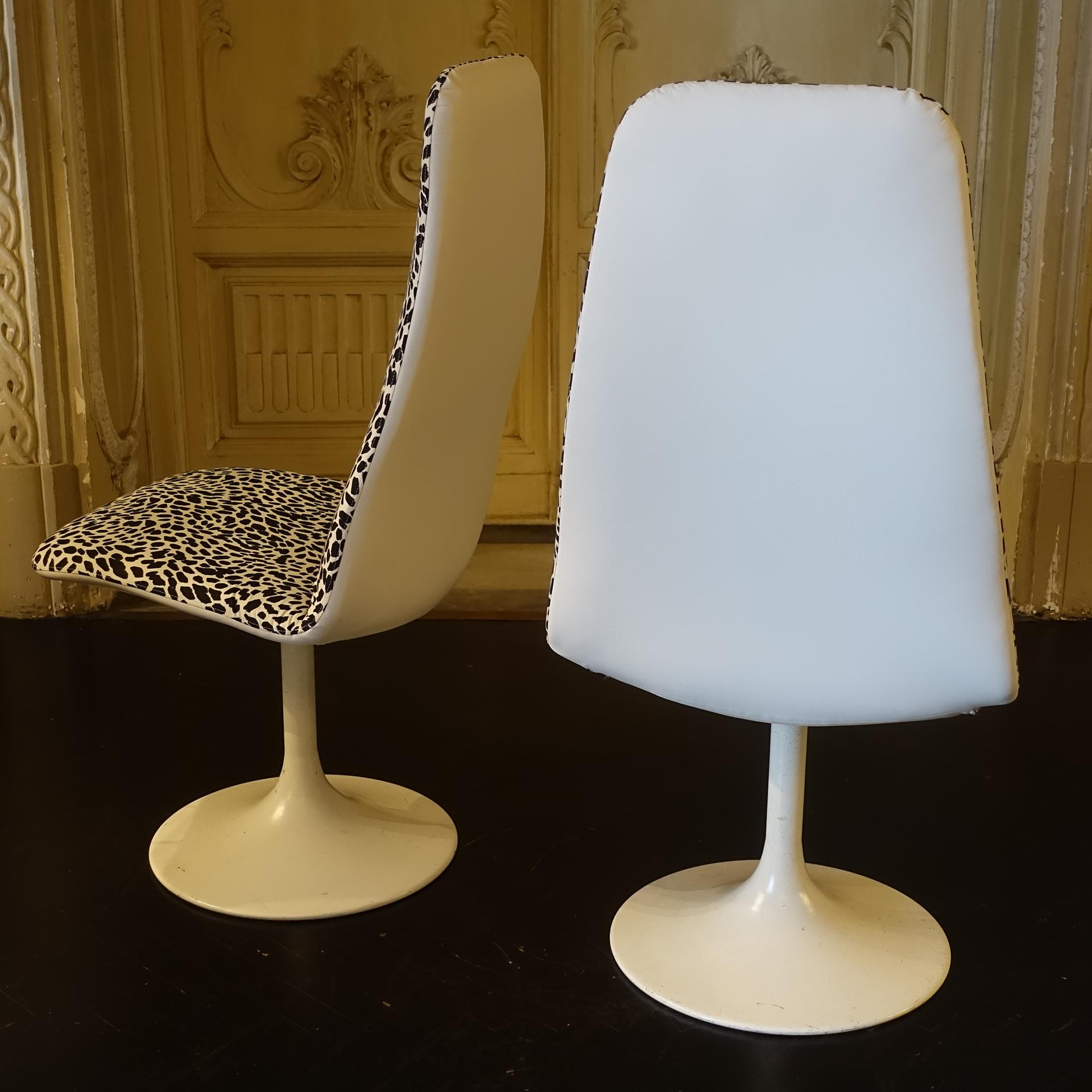 Lacquered 1960s Italian Swivel Tall Armchairs, White Metal, Leather and Print Fabric