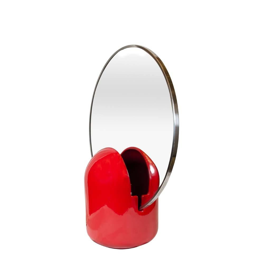 1960s Italian Table Light Red Ceramic Base Circular Mirror Top Design Enzo Bioli In Good Condition In London, GB